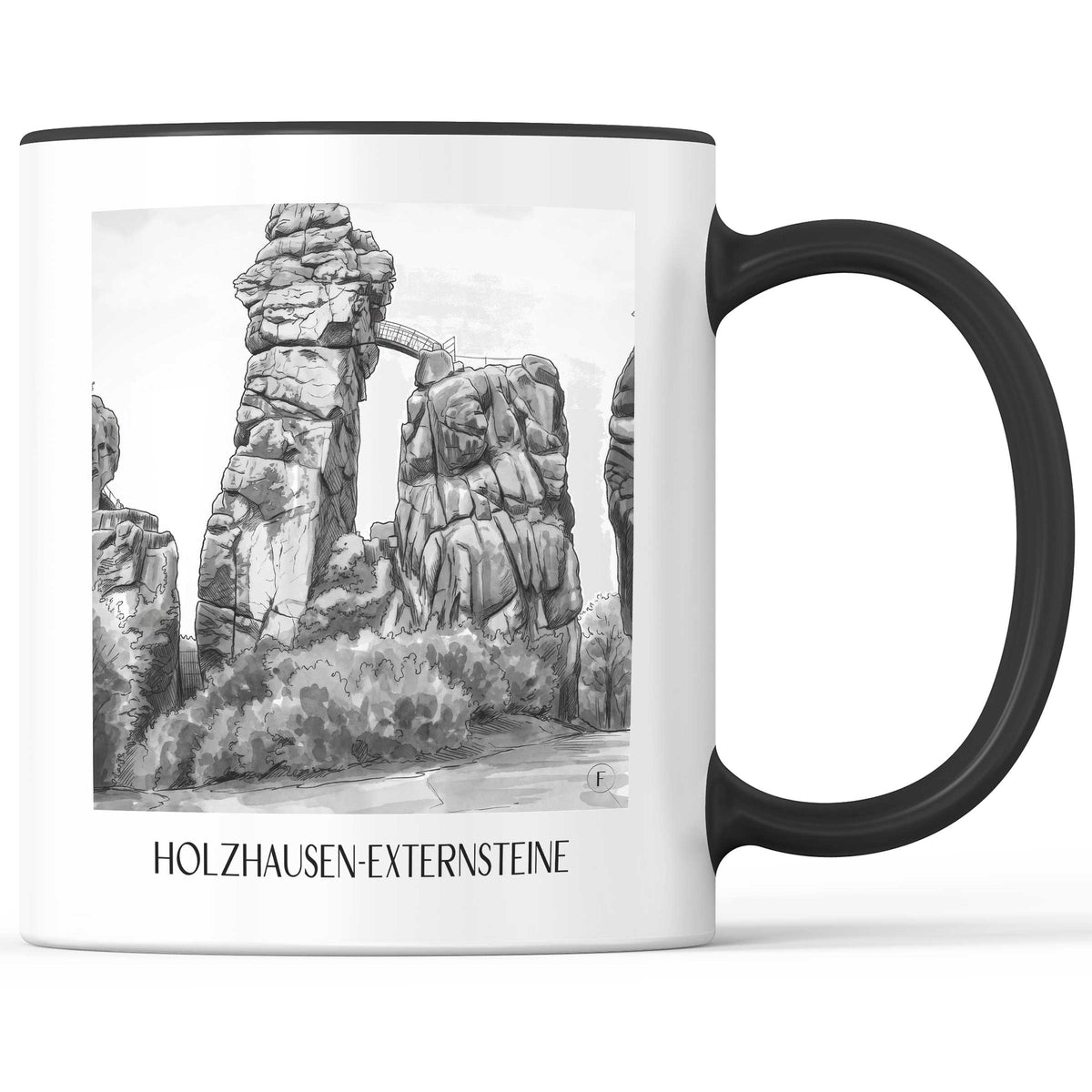 Holzhausen-Externsteine Kaffeebecher - Teutoburger Wald - Deutschland Becher - Kaffeetasse im Aquarell Schwarz-Weiß Stil - favplace