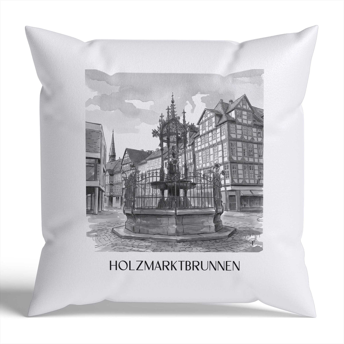 Holzmarktbrunnen Kissenhülle - Zierkissen Bezug - Hannover - Deutschland Kissen bzw. Kissenbezug im Aquarell Schwarz-Weiß Stil - favplace