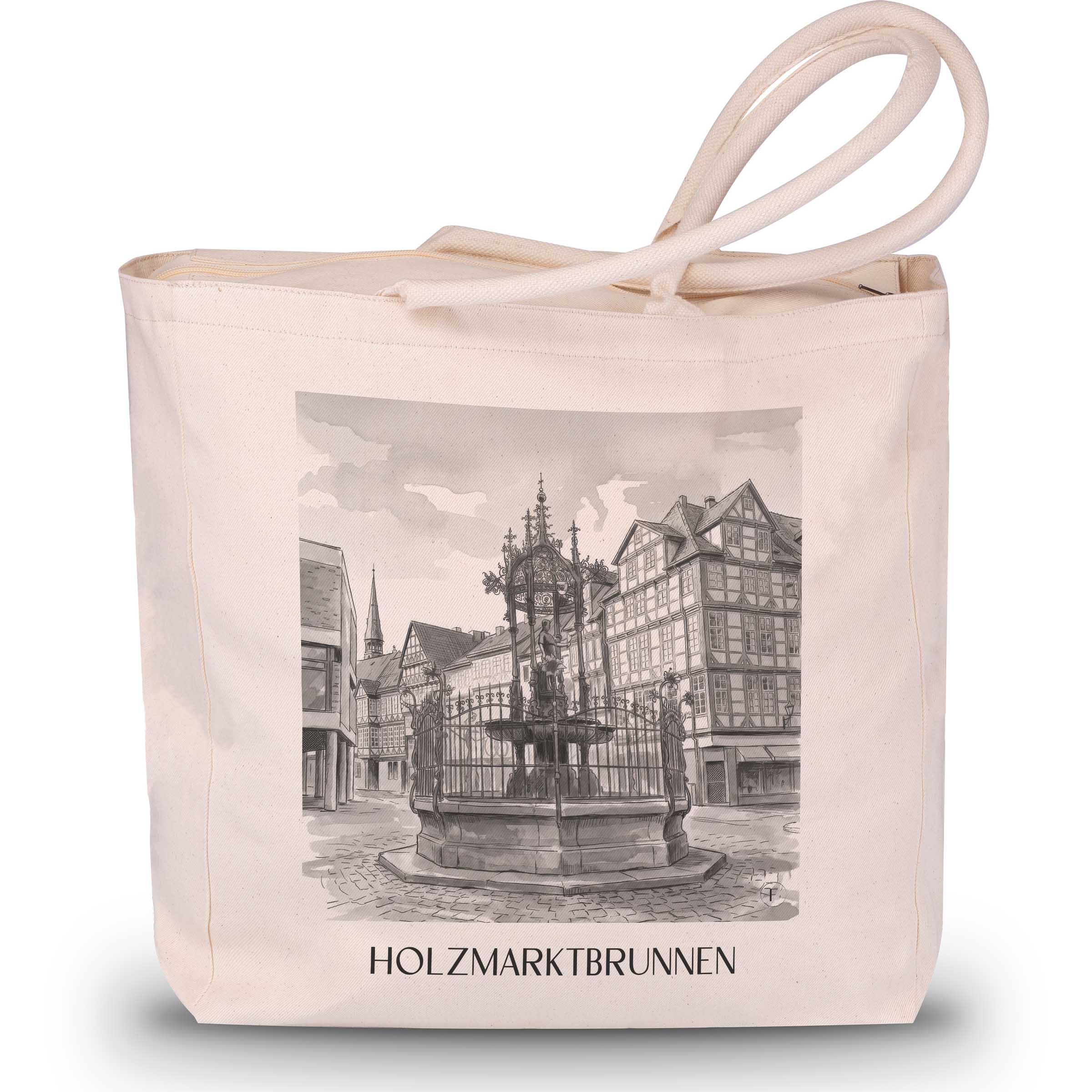 holzmarktbrunnen-hannover-deutschland-einkaufstasche-aquarell-schwarz-weiss