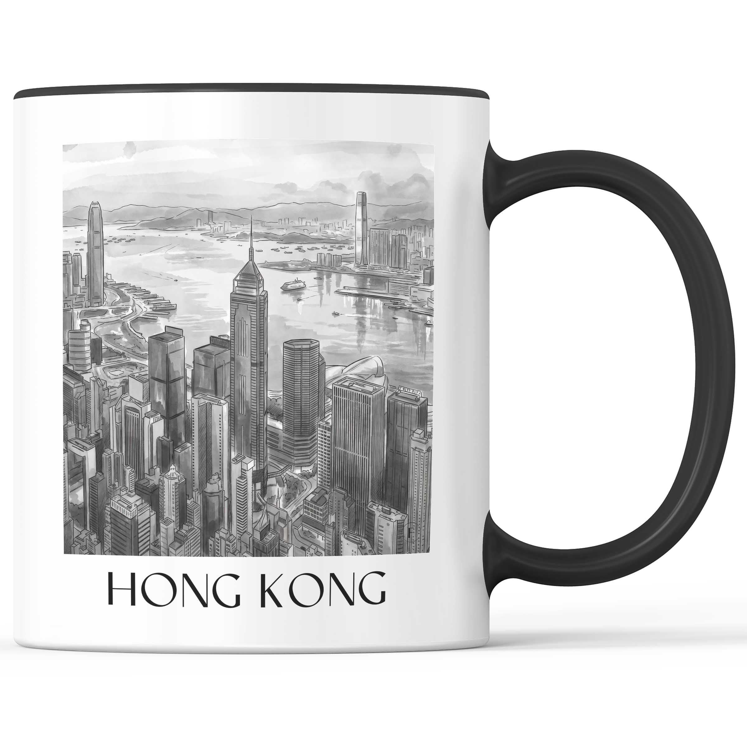 Hong Kong - China Becher - Kaffeetasse im Aquarell Schwarz-Weiß Stil - favplace
