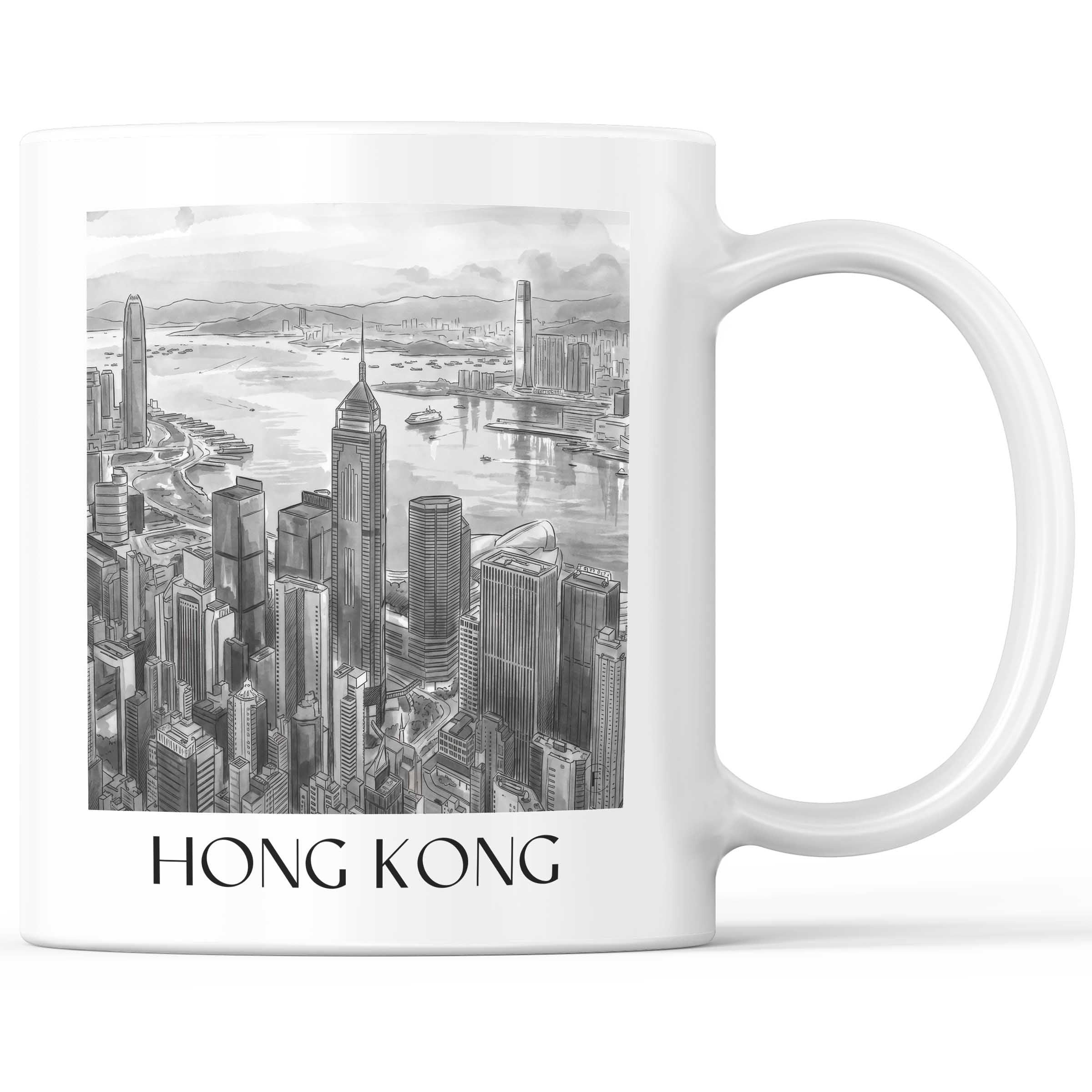 Hong Kong - China Becher - Kaffeetasse im Aquarell Schwarz-Weiß Stil - favplace