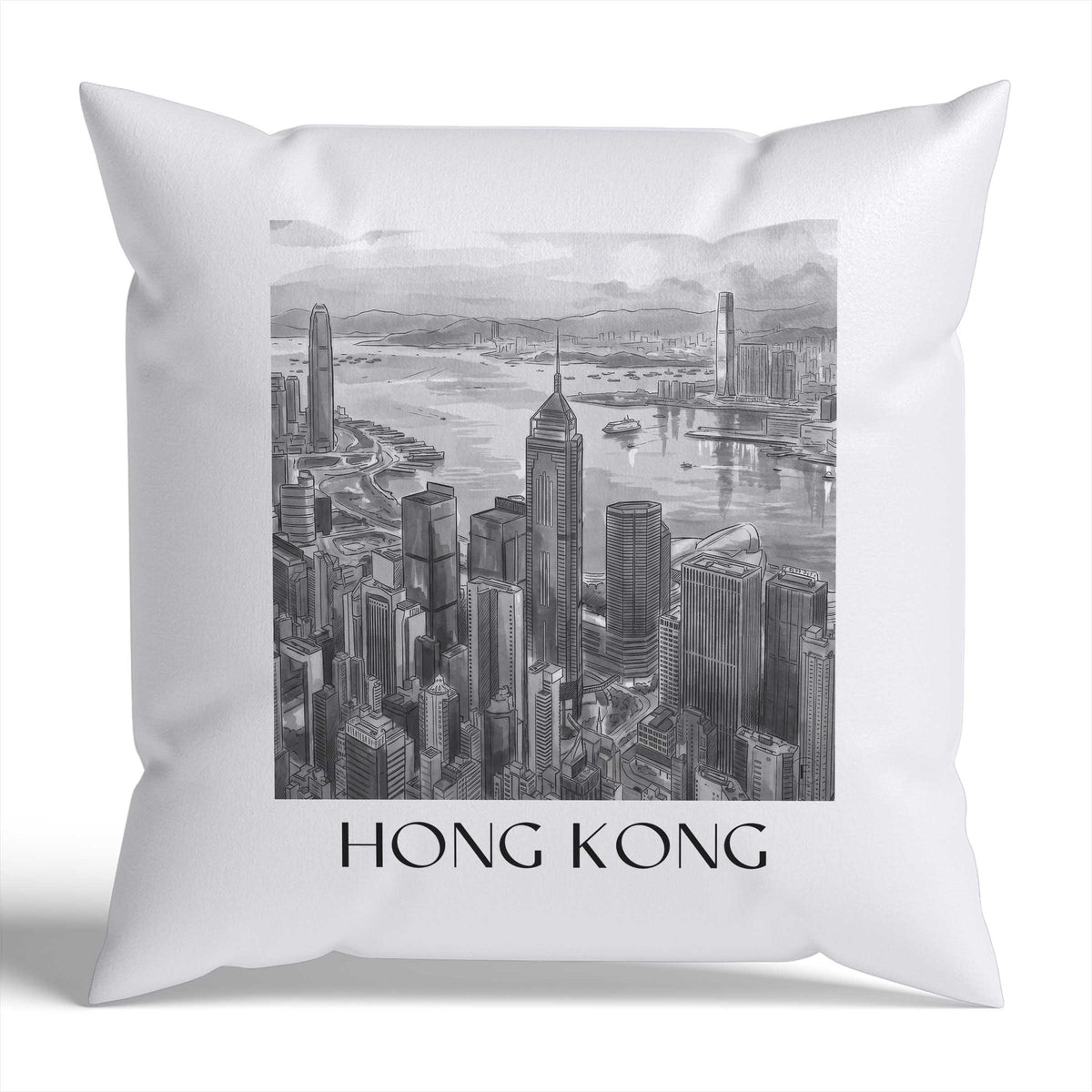 Hong Kong Kissenhülle - Zierkissen Bezug - China - China Kissen bzw. Kissenbezug im Aquarell Schwarz-Weiß Stil - favplace