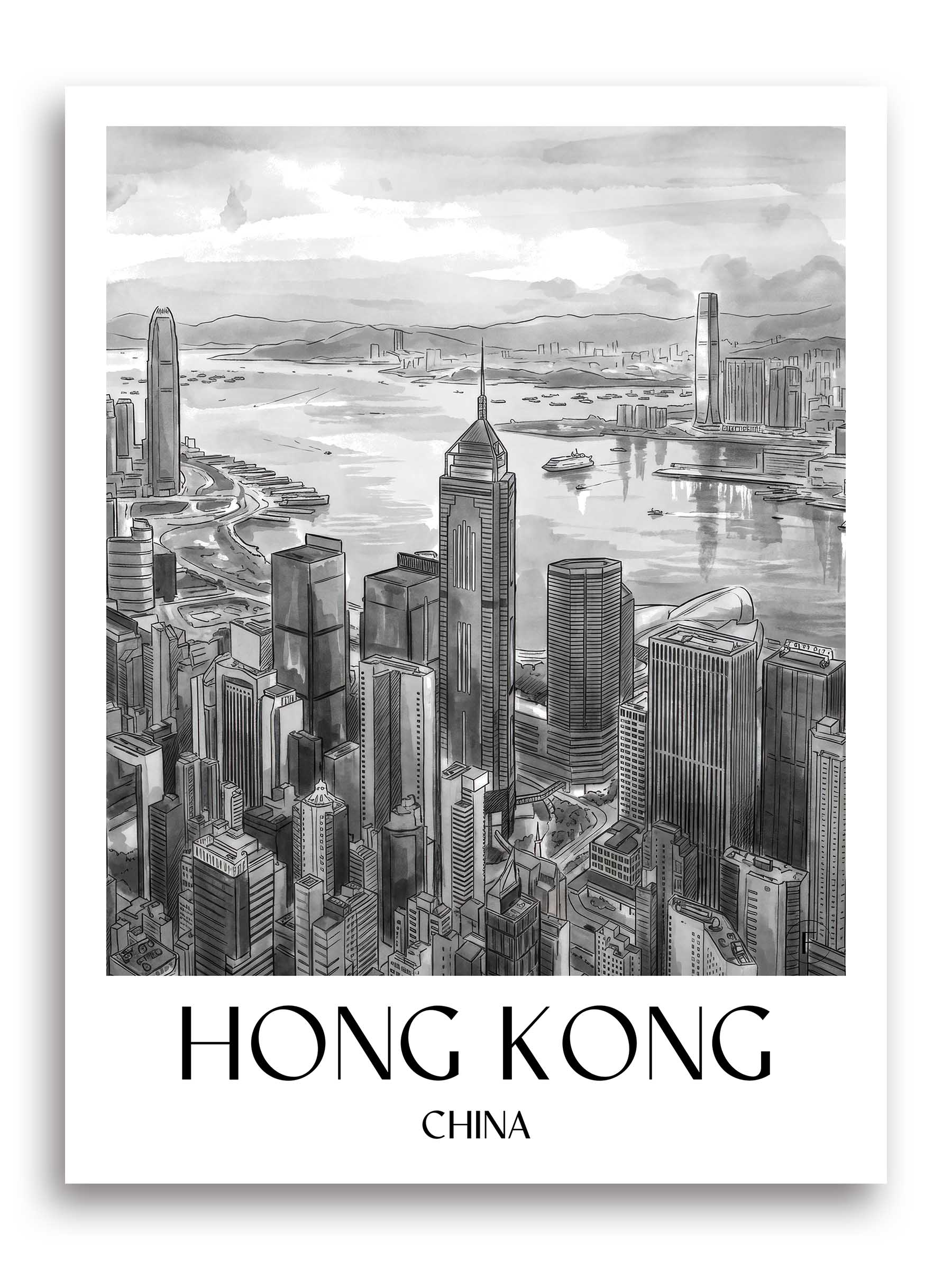 hong-kong-china-poster-aquarell-schwarz-weiss