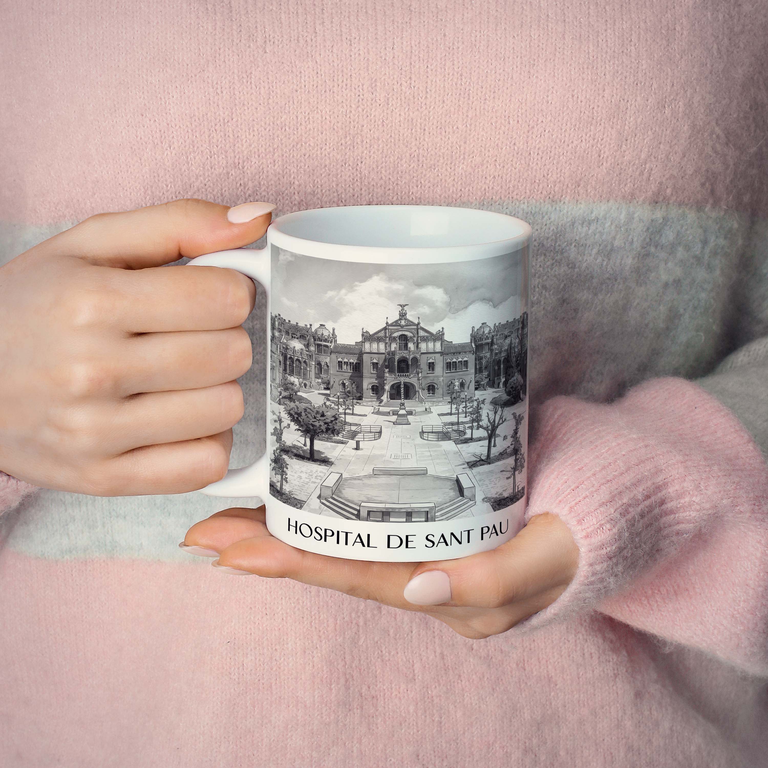 hospital-de-sant-pau-barcelona-spanien-kaffeebecher-aquarell-schwarz-weiss