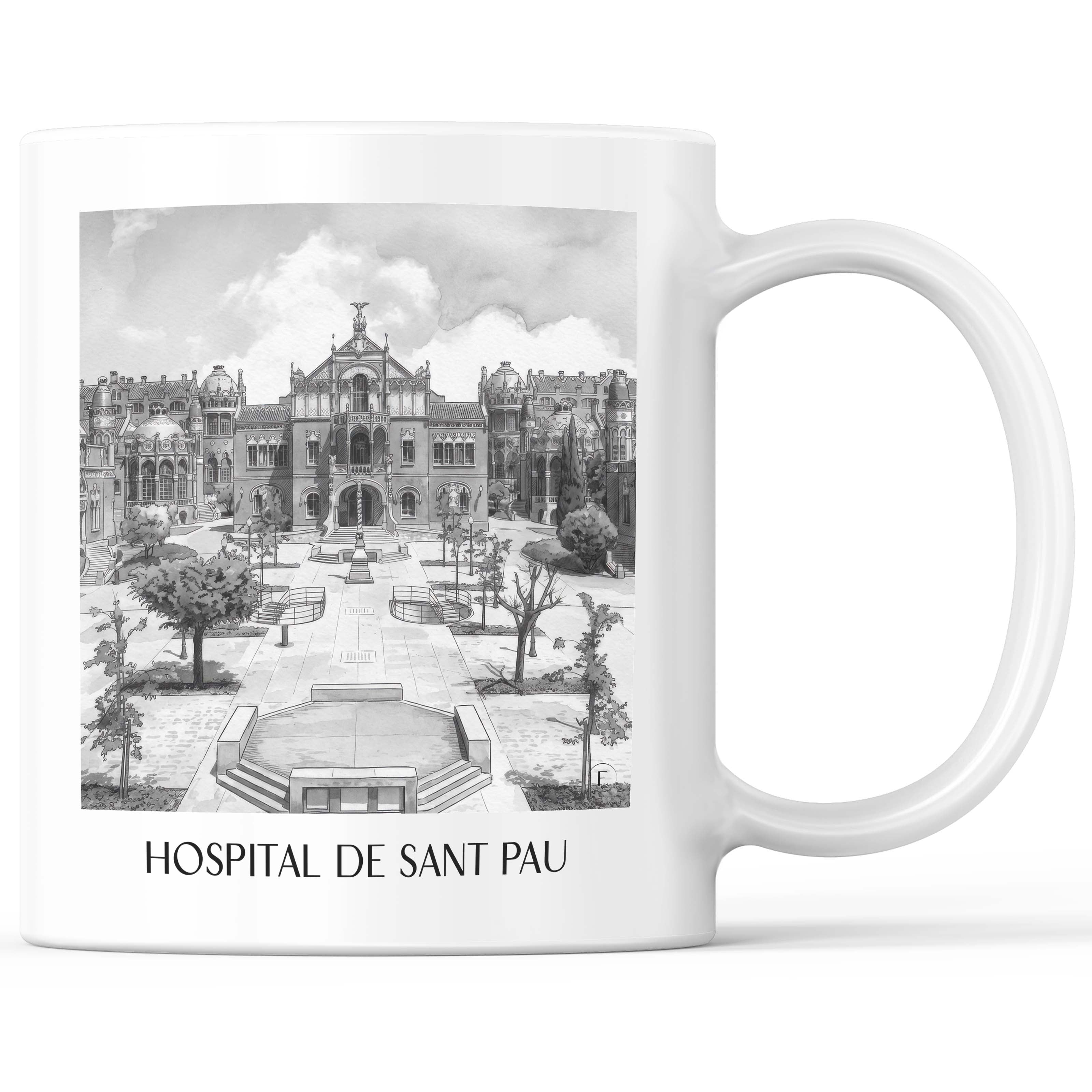 Hospital de Sant Pau Kaffeebecher - Barcelona - Spanien Becher - Kaffeetasse im Aquarell Schwarz-Weiß Stil - favplace
