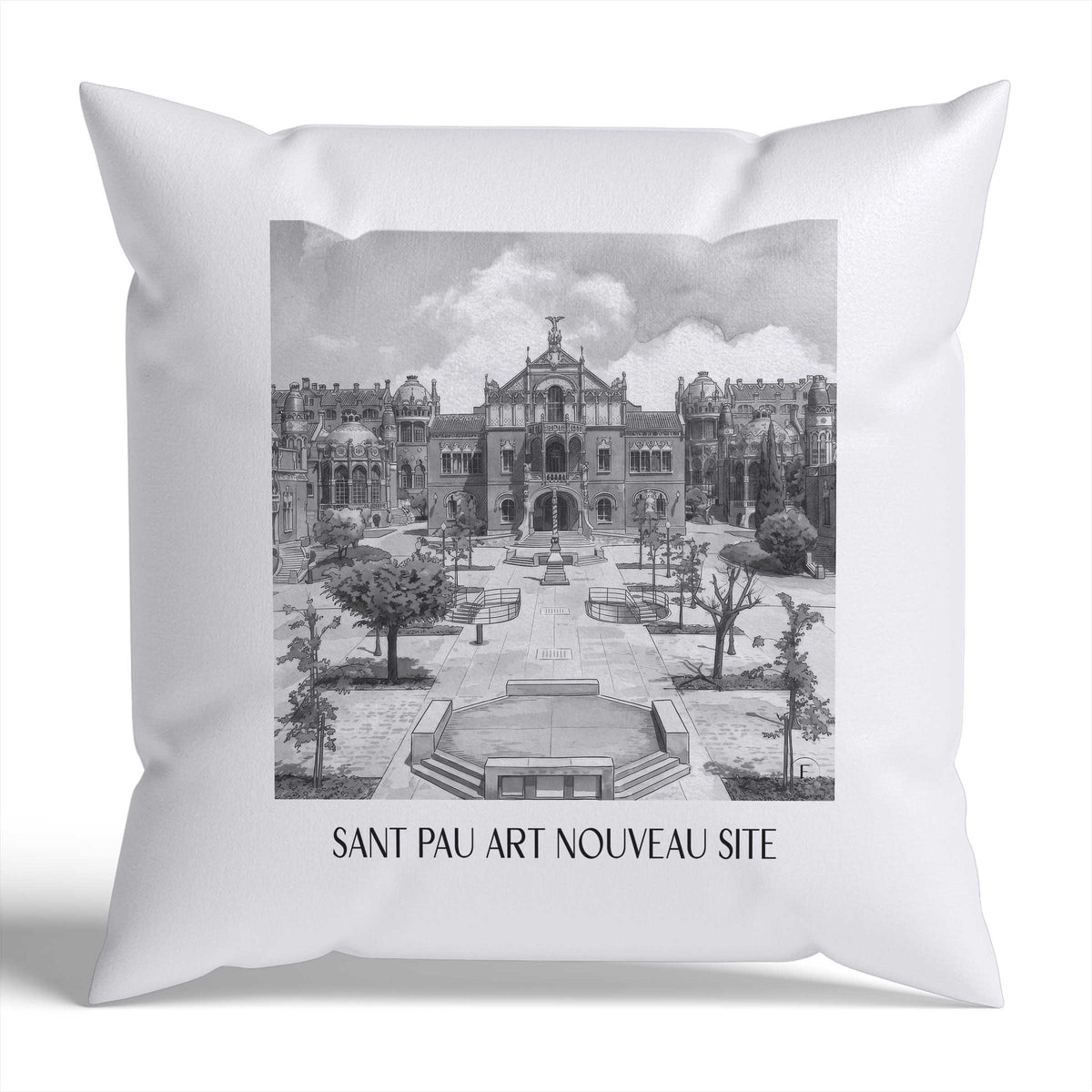 Hospital de Sant Pau Kissenhülle - Zierkissen Bezug - Barcelona - Spanien Kissen bzw. Kissenbezug im Aquarell Schwarz-Weiß Stil - favplace