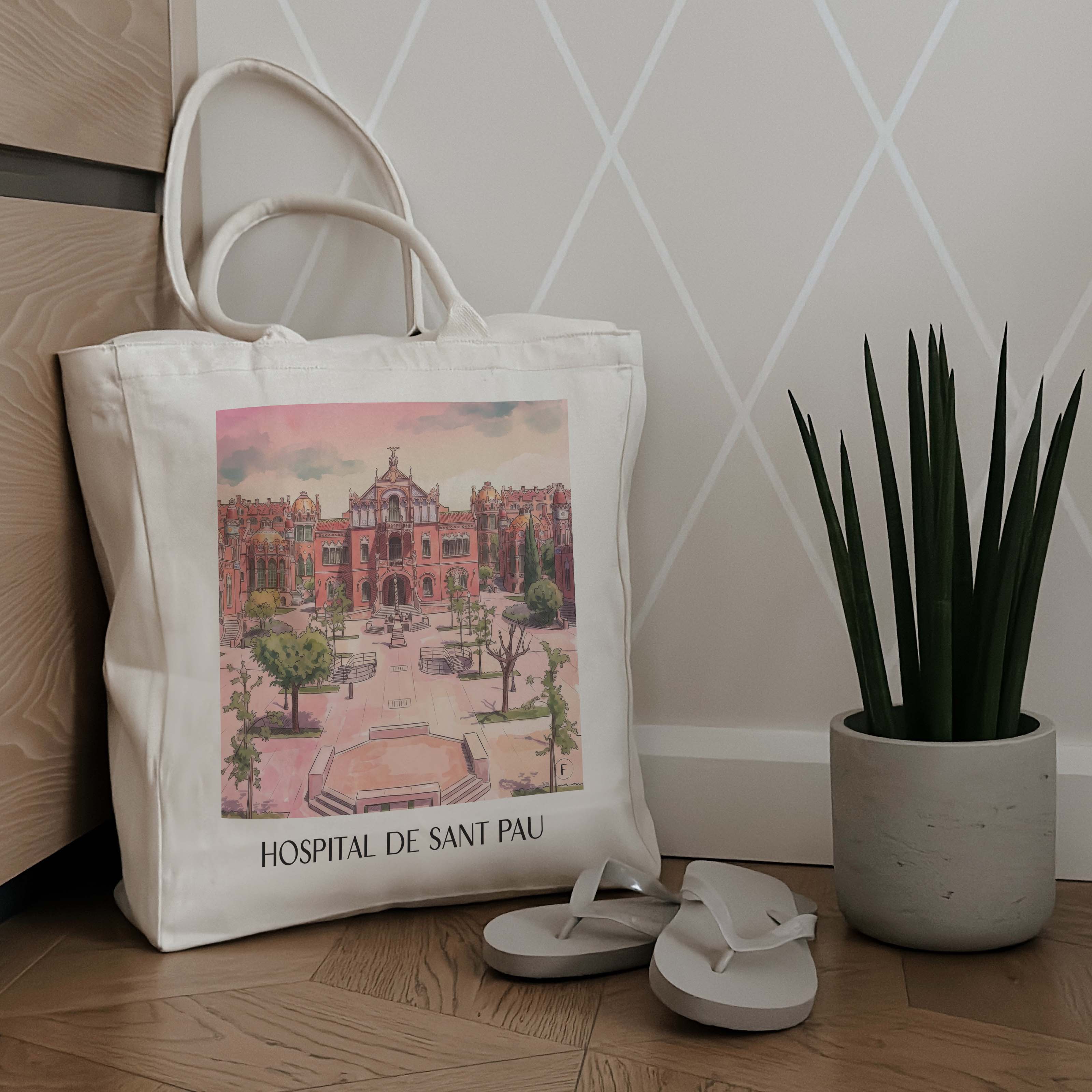 hospital-de-sant-pau-barcelona-spanien-einkaufstasche-aquarell-pink-rosa