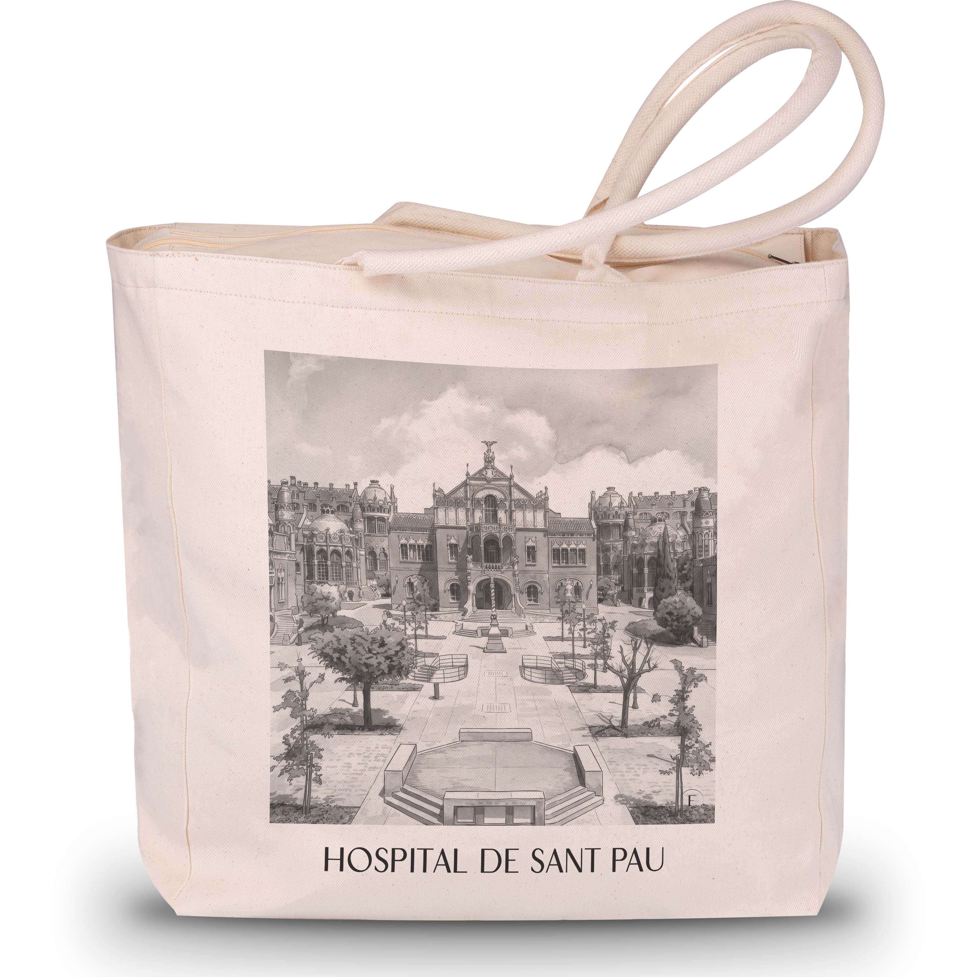 hospital-de-sant-pau-barcelona-spanien-einkaufstasche-aquarell-schwarz-weiss