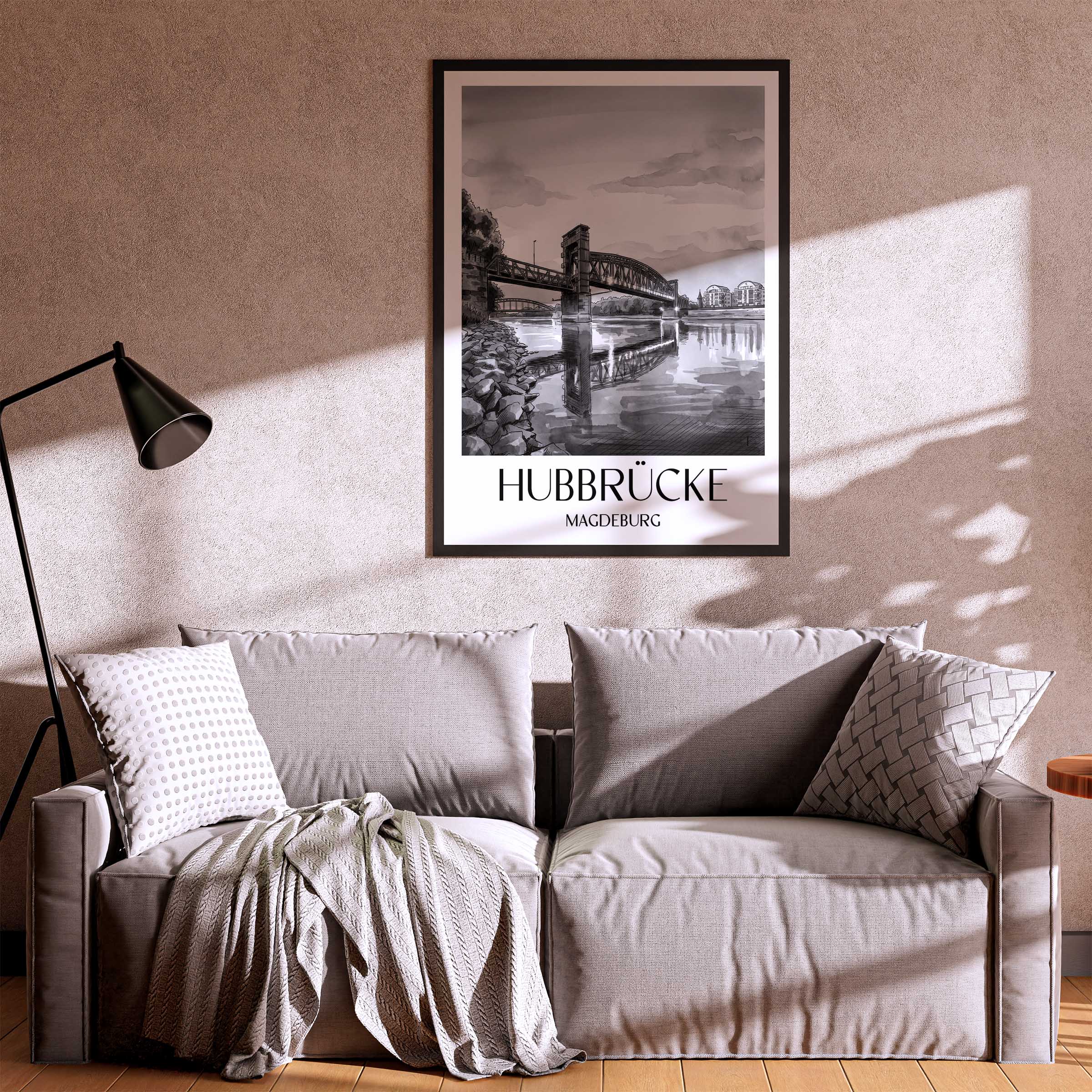hubbrücke-magdeburg-deutschland-poster-aquarell-schwarz-weiss
