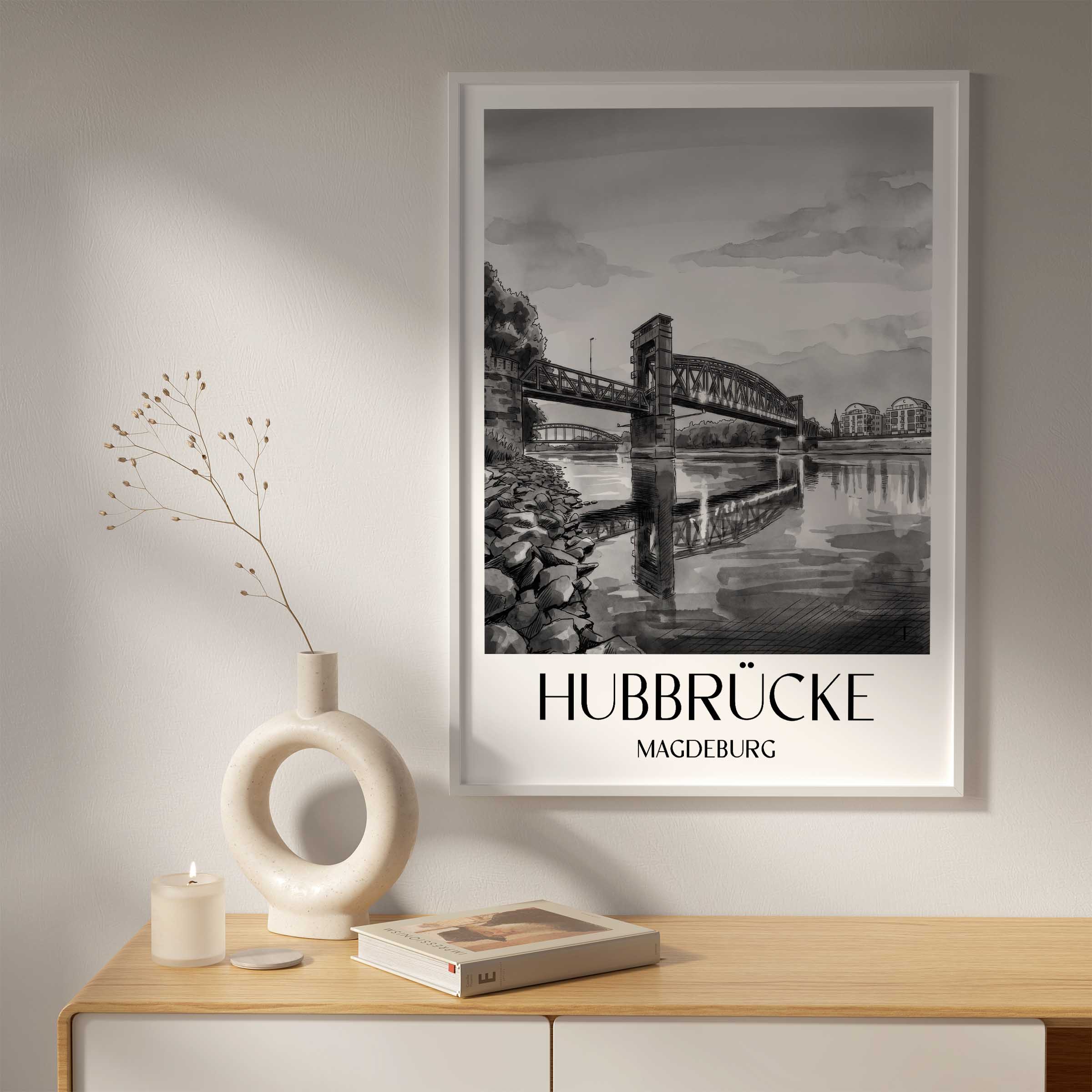 hubbrücke-magdeburg-deutschland-poster-aquarell-schwarz-weiss