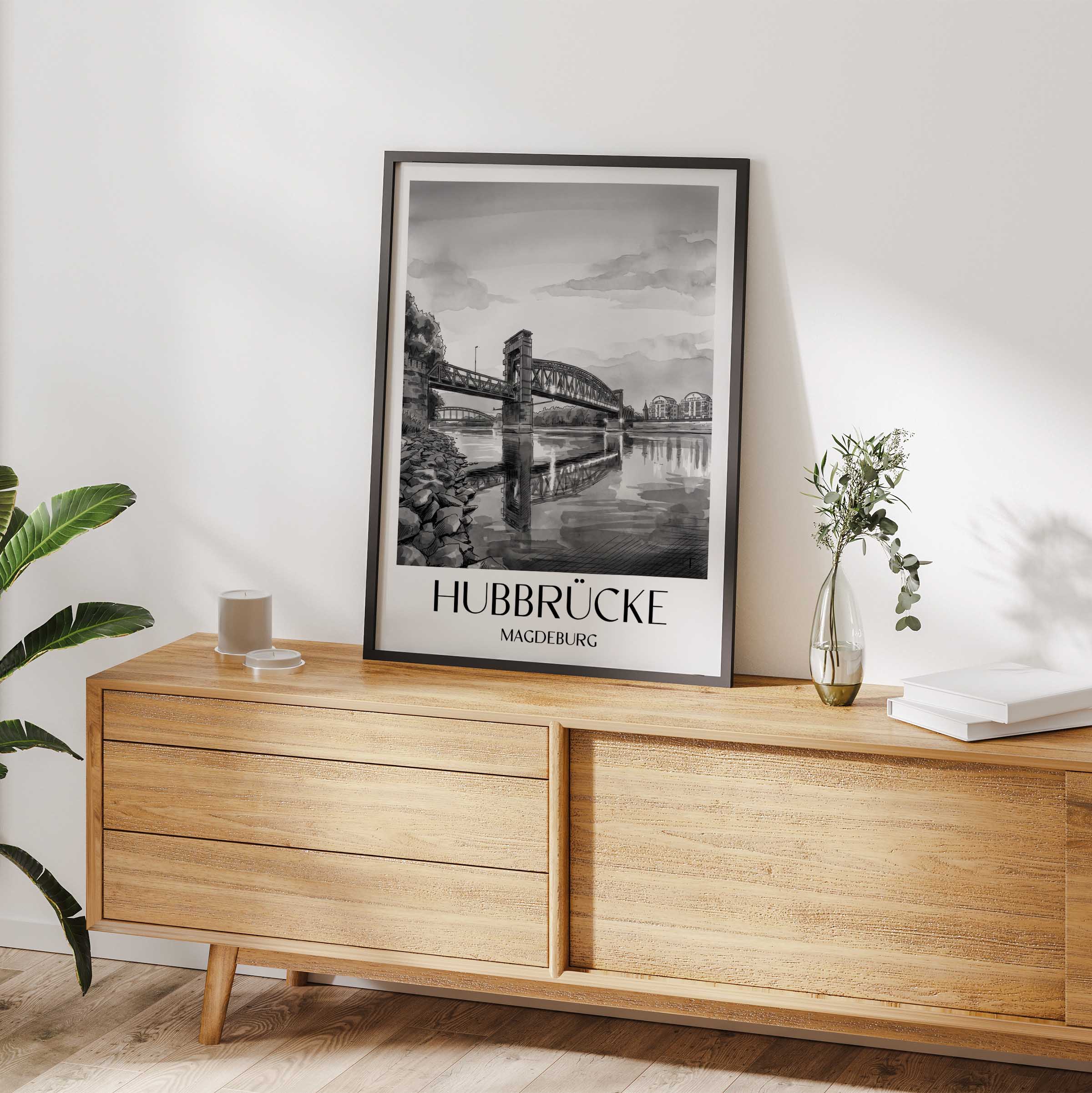 hubbrücke-magdeburg-deutschland-poster-aquarell-schwarz-weiss
