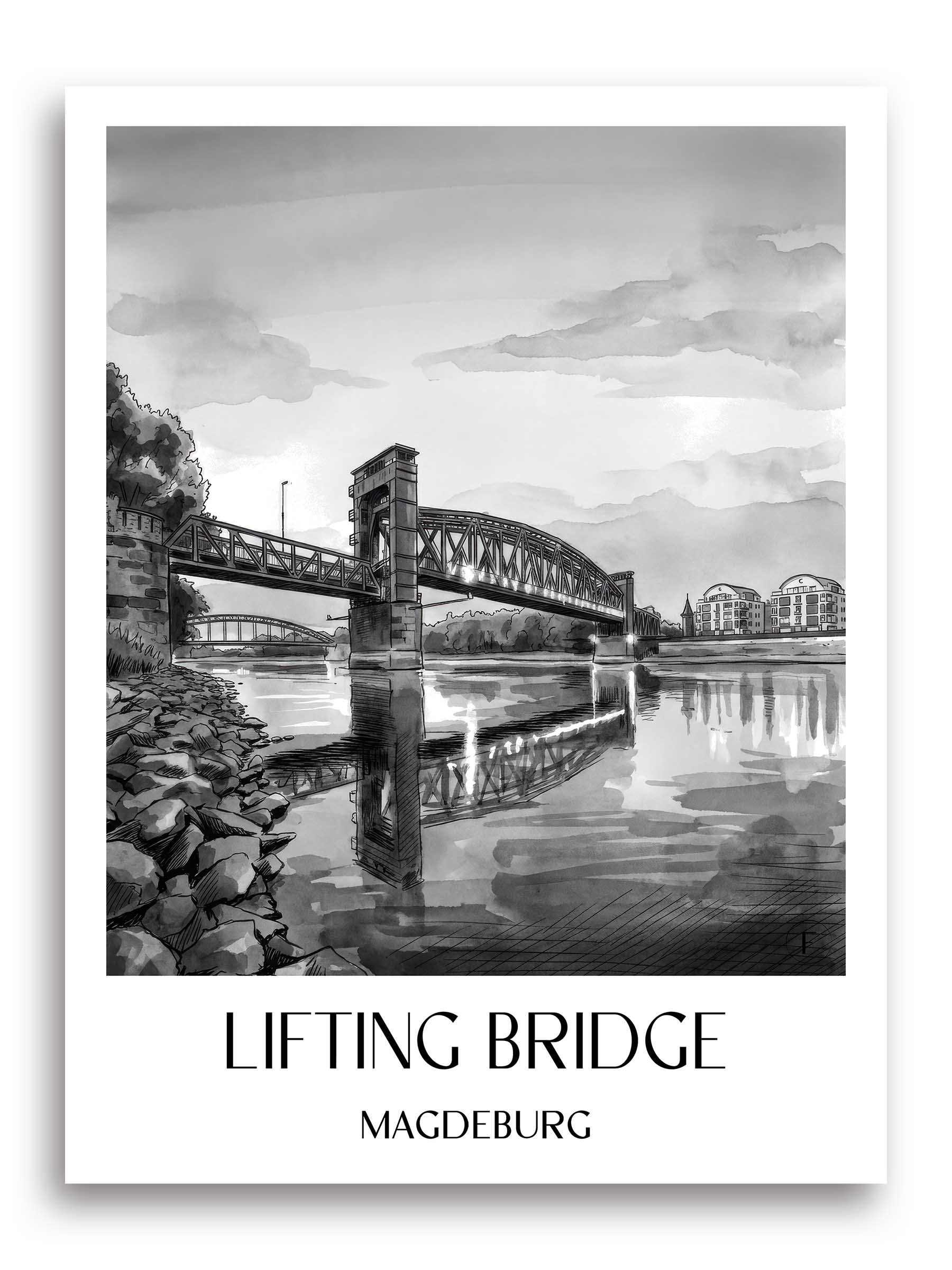Hubbrücke Poster - Magdeburg - Deutschland Kunstdruck - Aquarell Schwarz-Weiß von A4 bis A1 - favplace