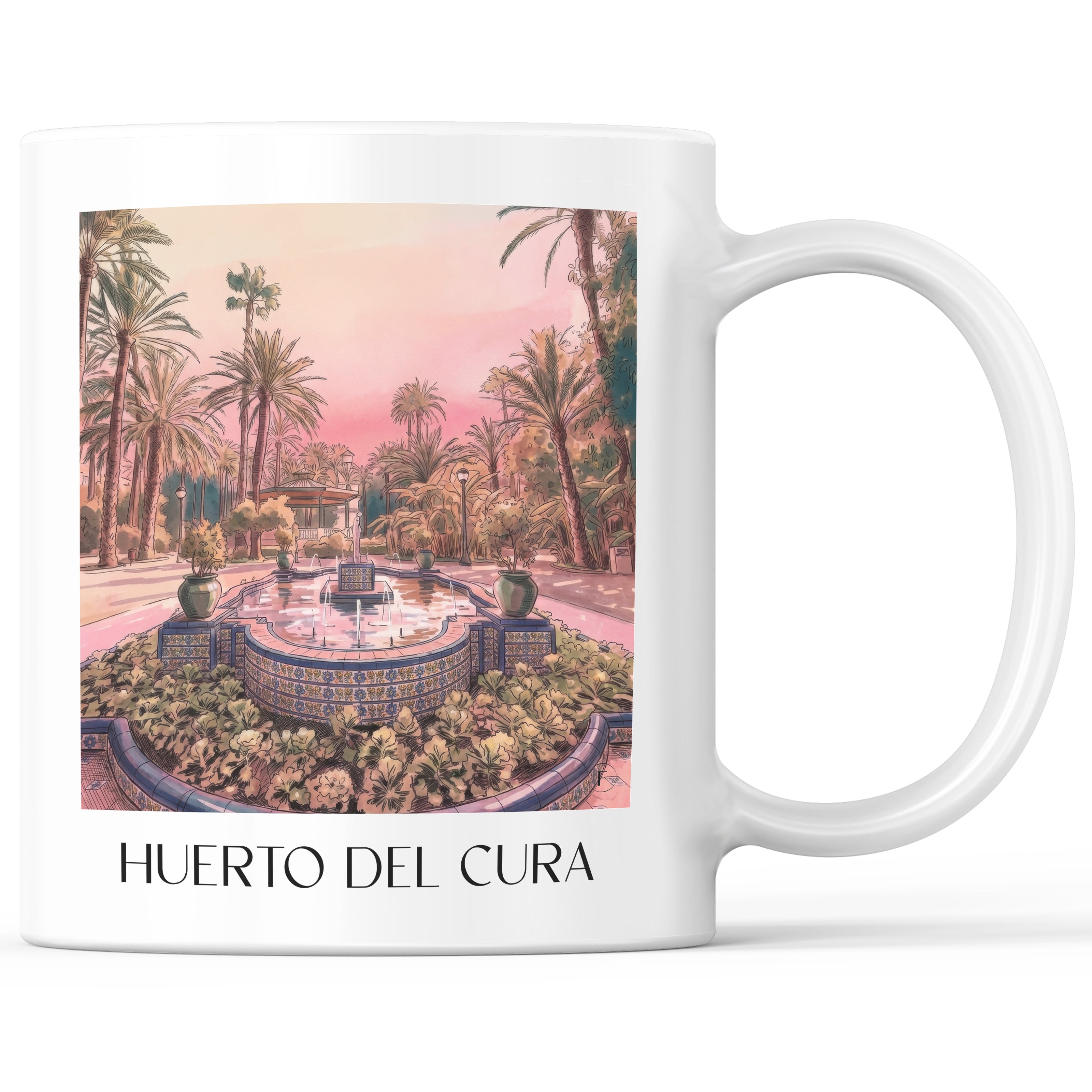 Huerto del Cura Kaffeebecher - Elche - Spanien Becher - Kaffeetasse im Aquarell Pink Stil - favplace