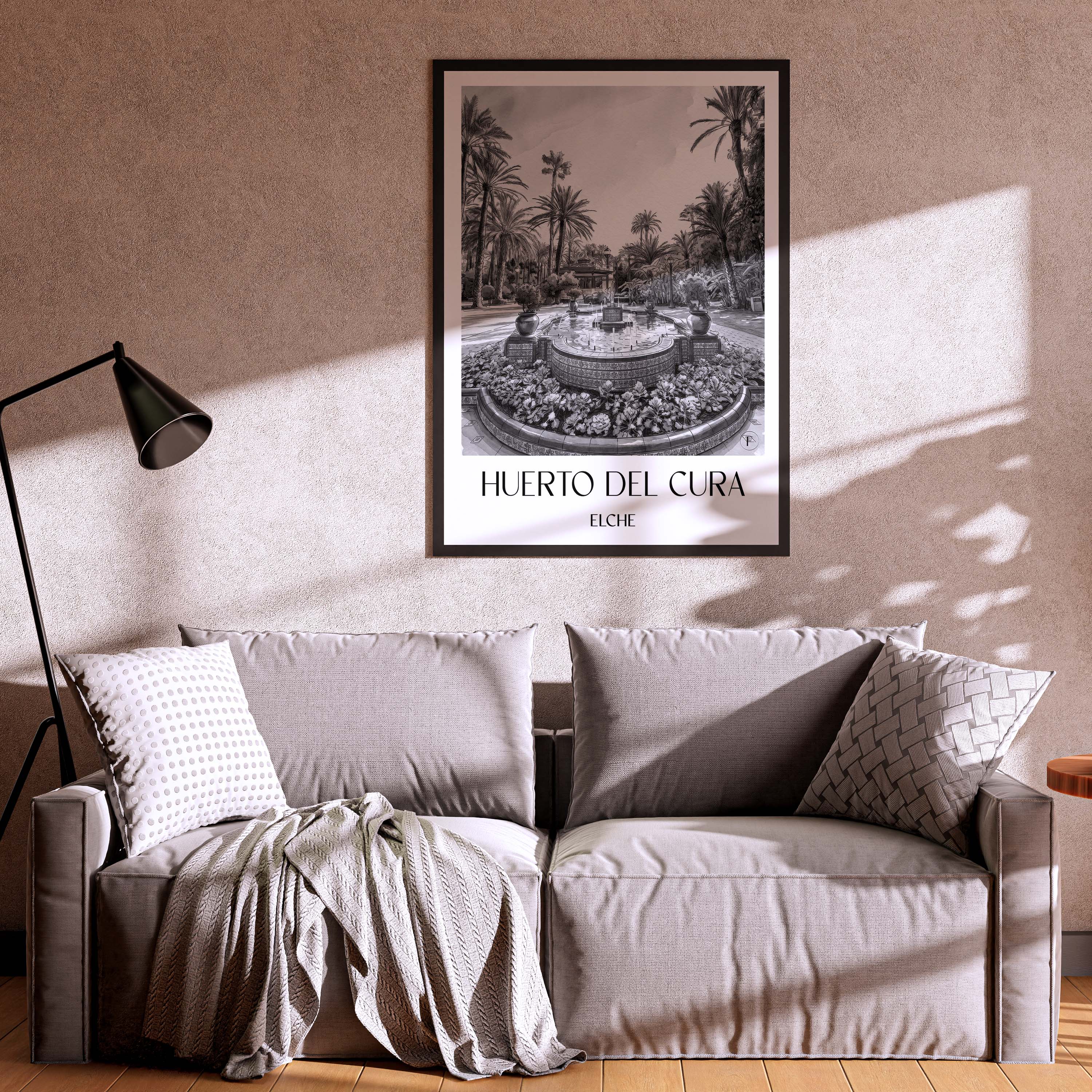 huerto-del-cura-elche-spanien-poster-aquarell-schwarz-weiss