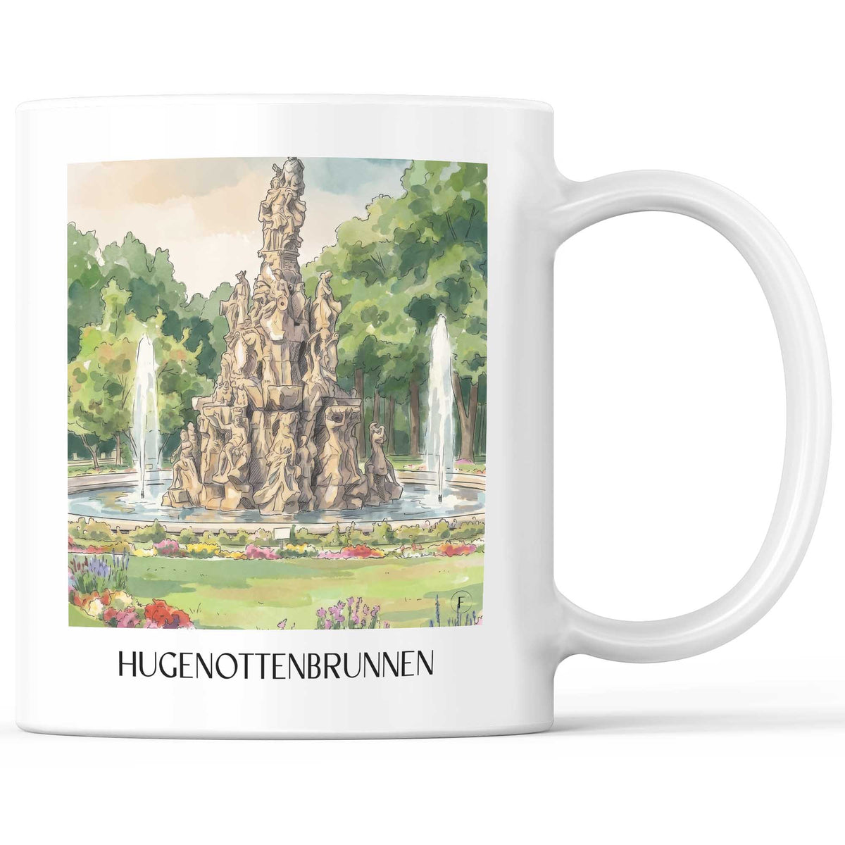 Hugenottenbrunnen Kaffeebecher - Erlangen - Deutschland Becher - Kaffeetasse im Aquarell Stil - favplace