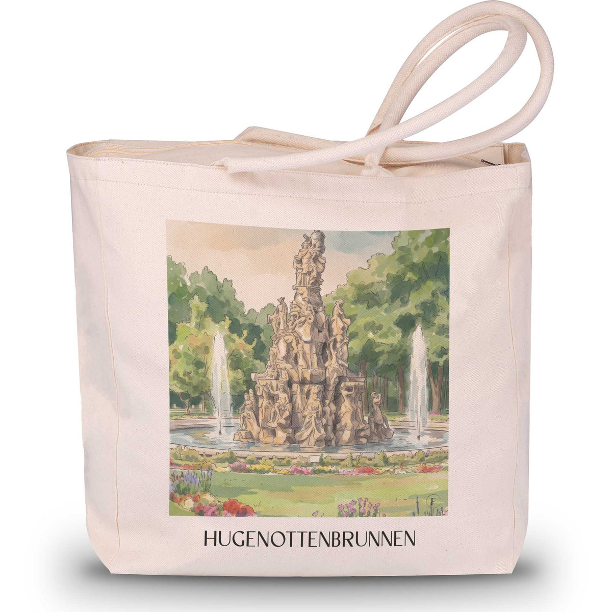 hugenottenbrunnen-erlangen-deutschland-einkaufstasche-aquarell