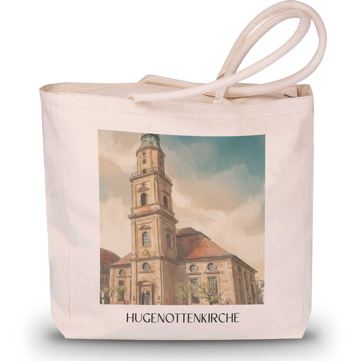 hugenottenkirche-erlangen-deutschland-einkaufstasche-aquarell