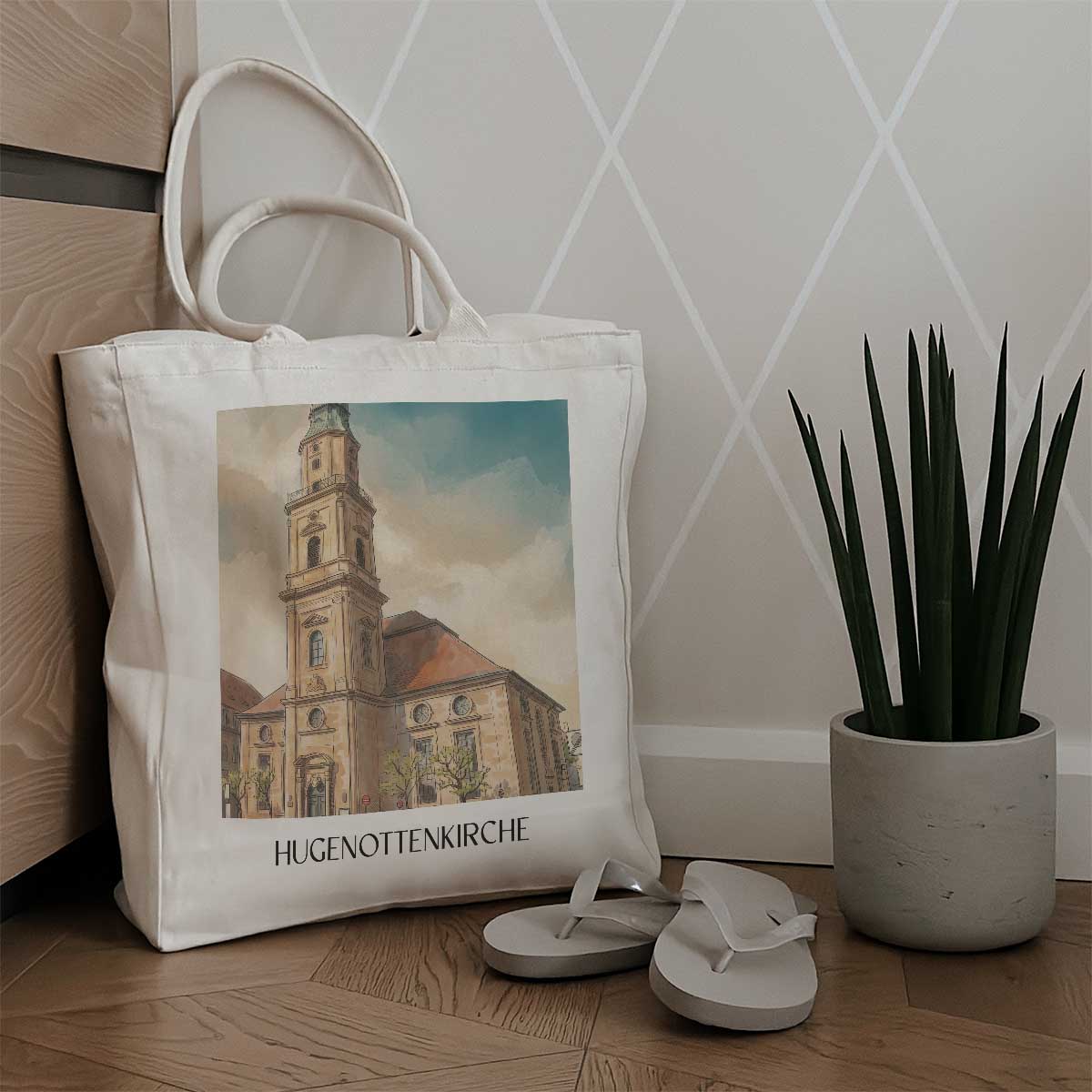 hugenottenkirche-erlangen-deutschland-einkaufstasche-aquarell