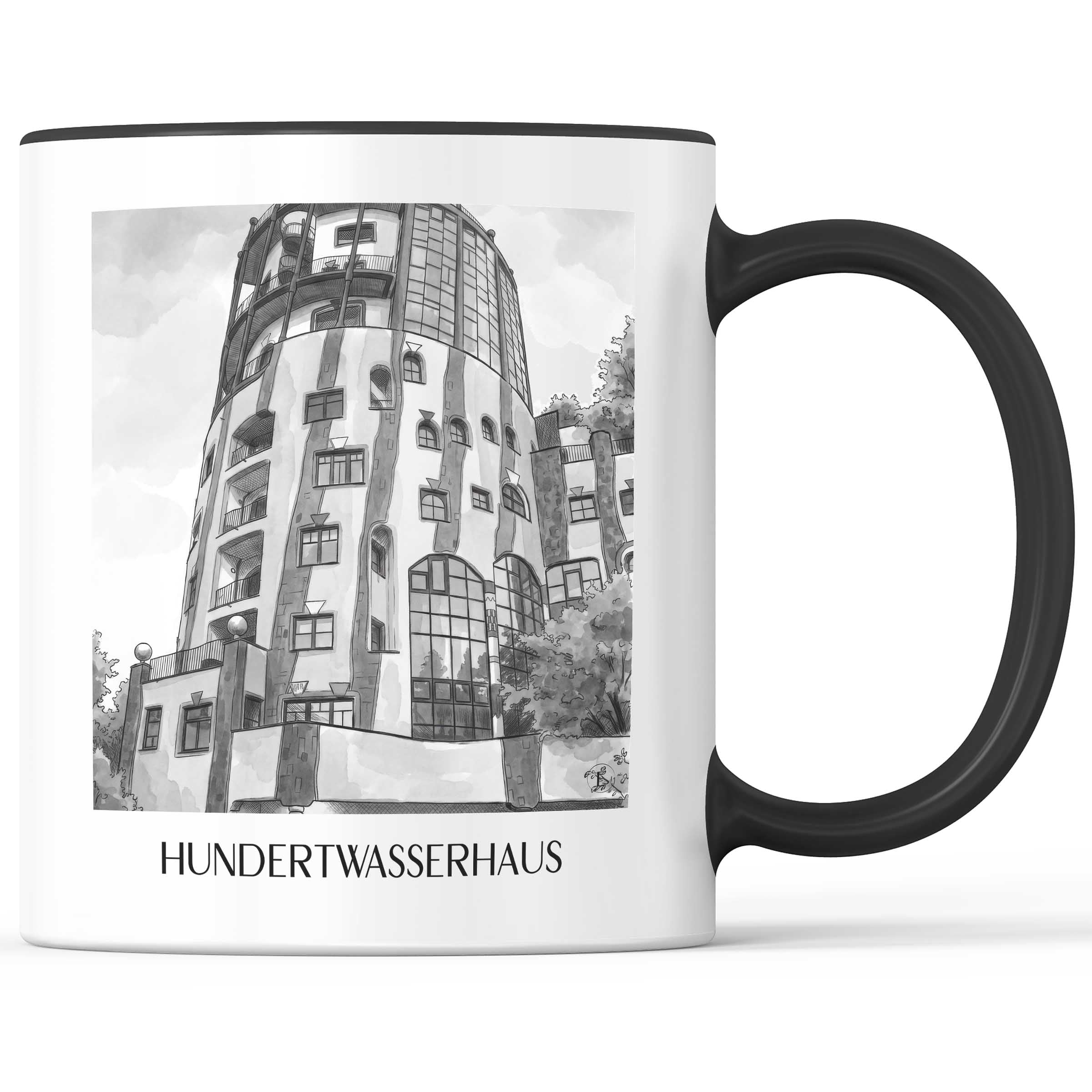 hundertwasserhaus-magdeburg-deutschland-kaffeebecher-aquarell-schwarz-weiss