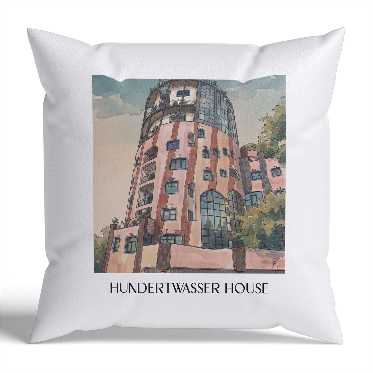 Hundertwasserhaus Kissenhülle - Zierkissen Bezug - Magdeburg - Deutschland Kissen bzw. Kissenbezug im Aquarell Stil - favplace