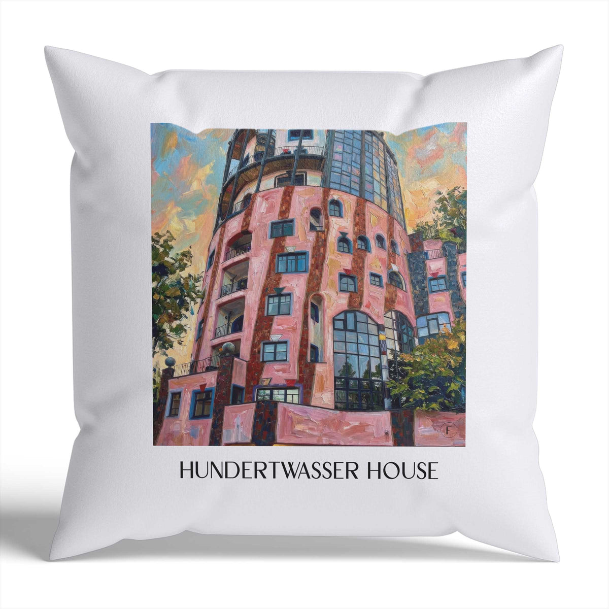 Hundertwasserhaus Kissenhülle - Zierkissen Bezug - Magdeburg - Deutschland Kissen bzw. Kissenbezug im Ölgemälde Stil - favplace