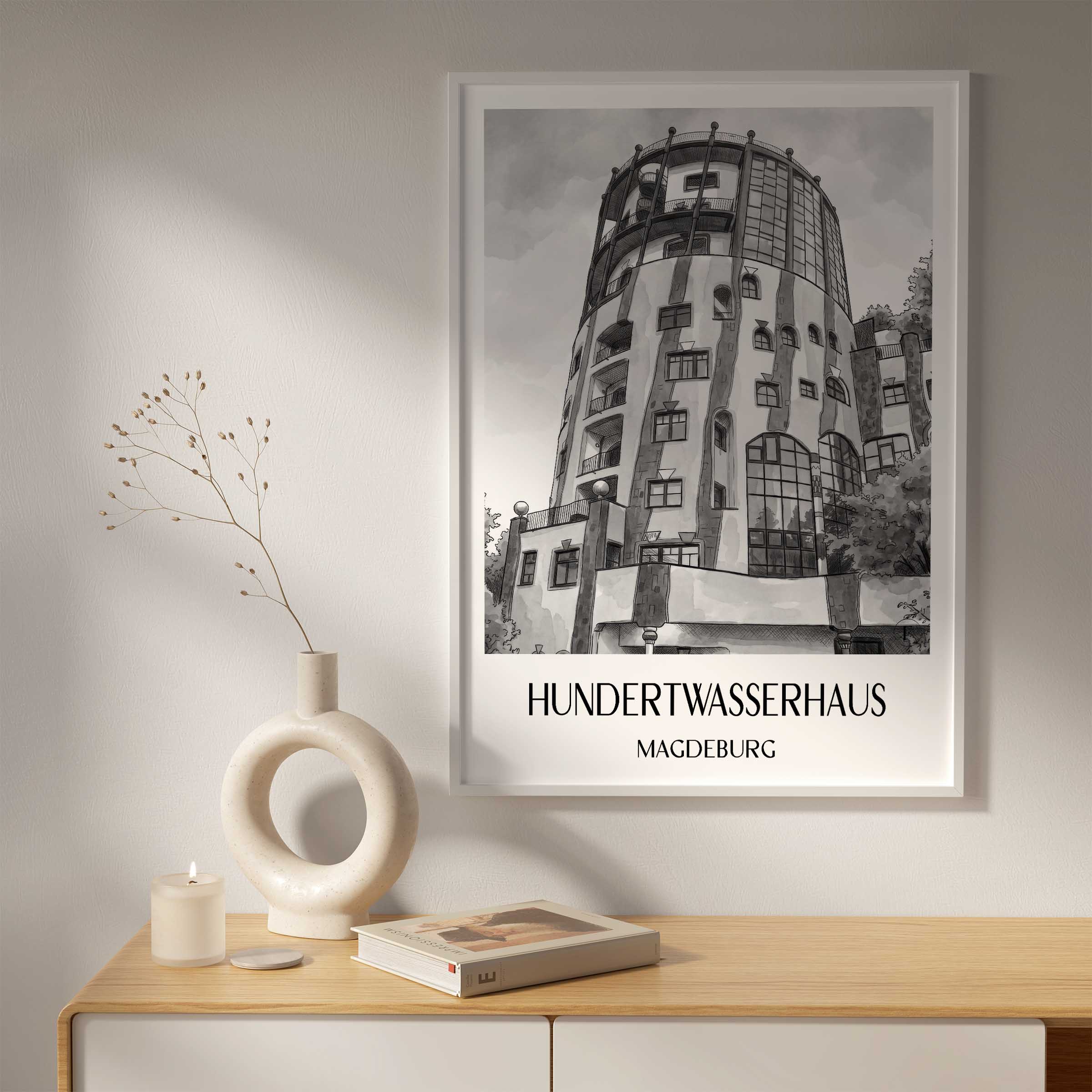 hundertwasserhaus-magdeburg-deutschland-poster-aquarell-schwarz-weiss