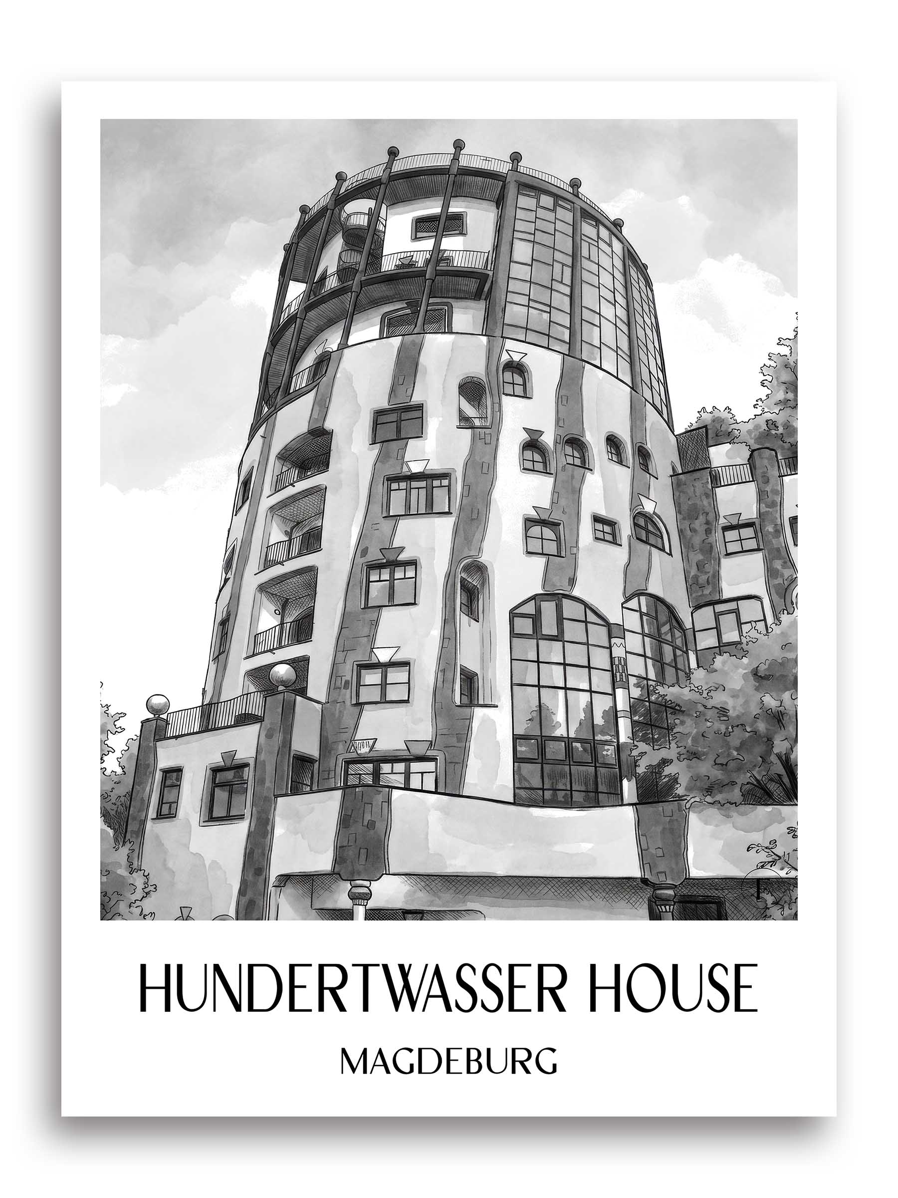Hundertwasserhaus Poster - Magdeburg - Deutschland Kunstdruck - Aquarell Schwarz-Weiß von A4 bis A1 - favplace
