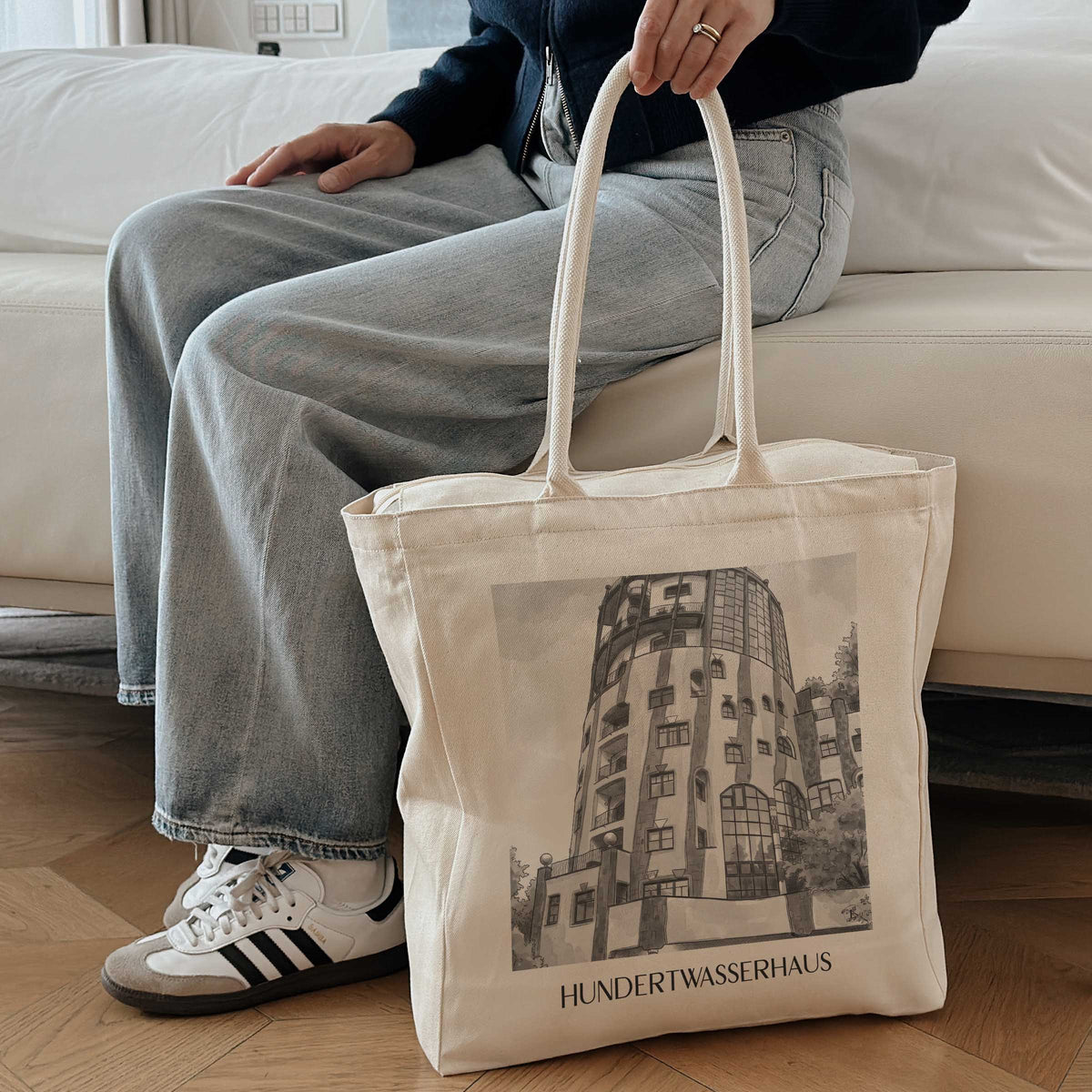 hundertwasserhaus-magdeburg-deutschland-einkaufstasche-aquarell-schwarz-weiss