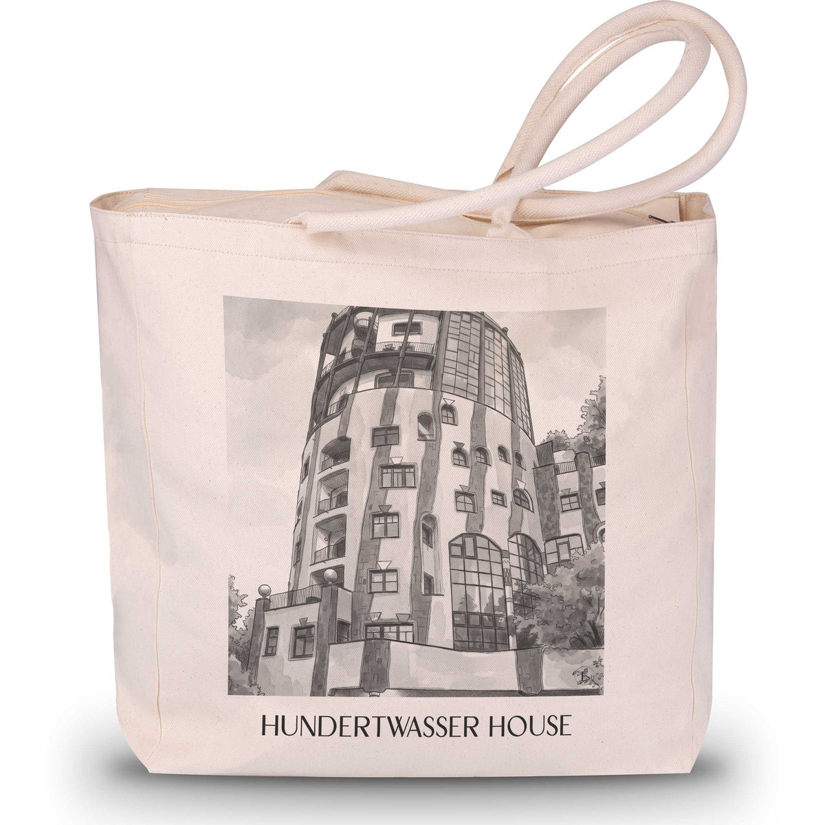 Hundertwasserhaus Shopping Tasche - Magdeburg - Deutschland Tote Bag - Einkaufstasche im Aquarell Schwarz-Weiß Stil - favplace
