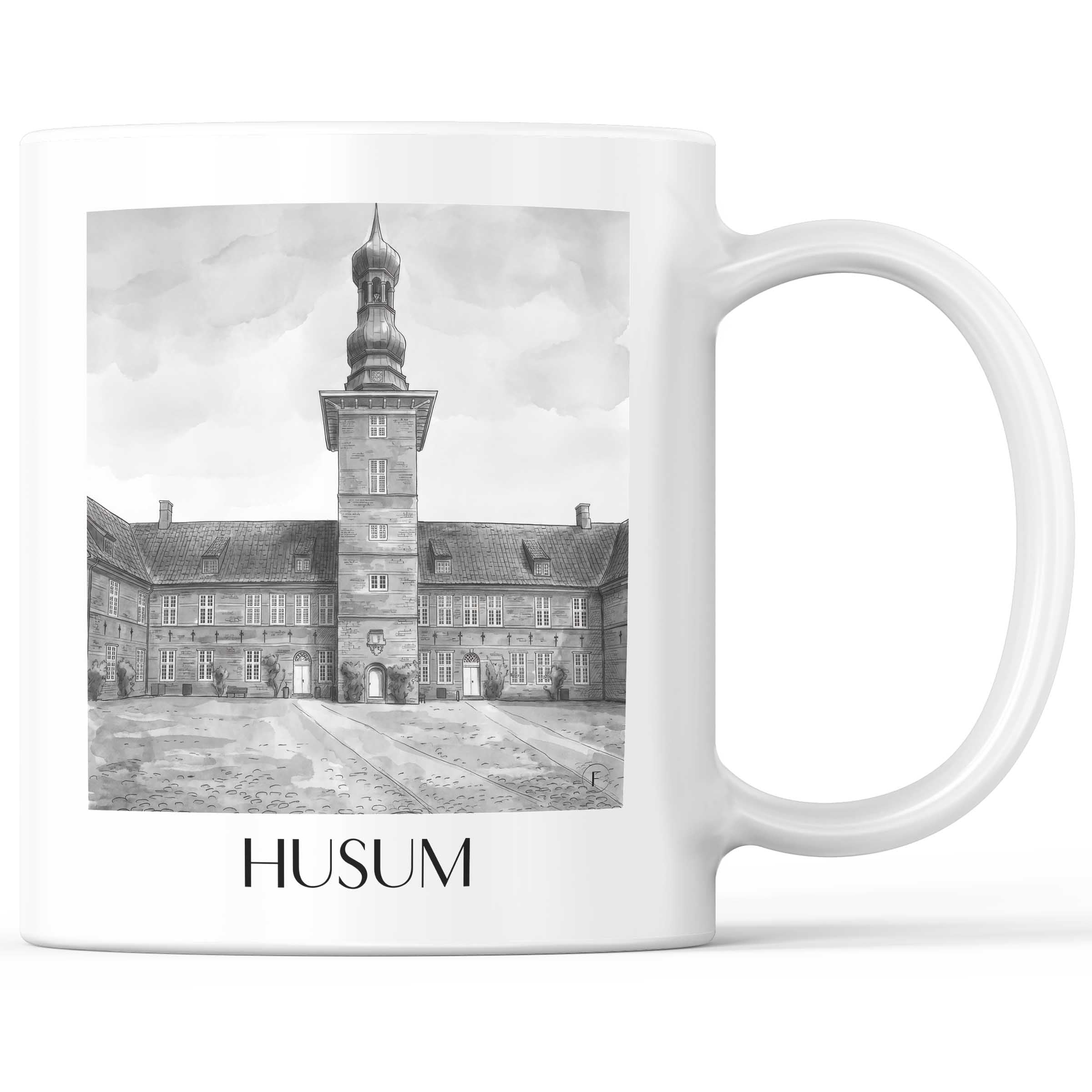 Husum Kaffeebecher - Schleswig - Deutschland Becher - Kaffeetasse im Aquarell Schwarz-Weiß Stil - favplace