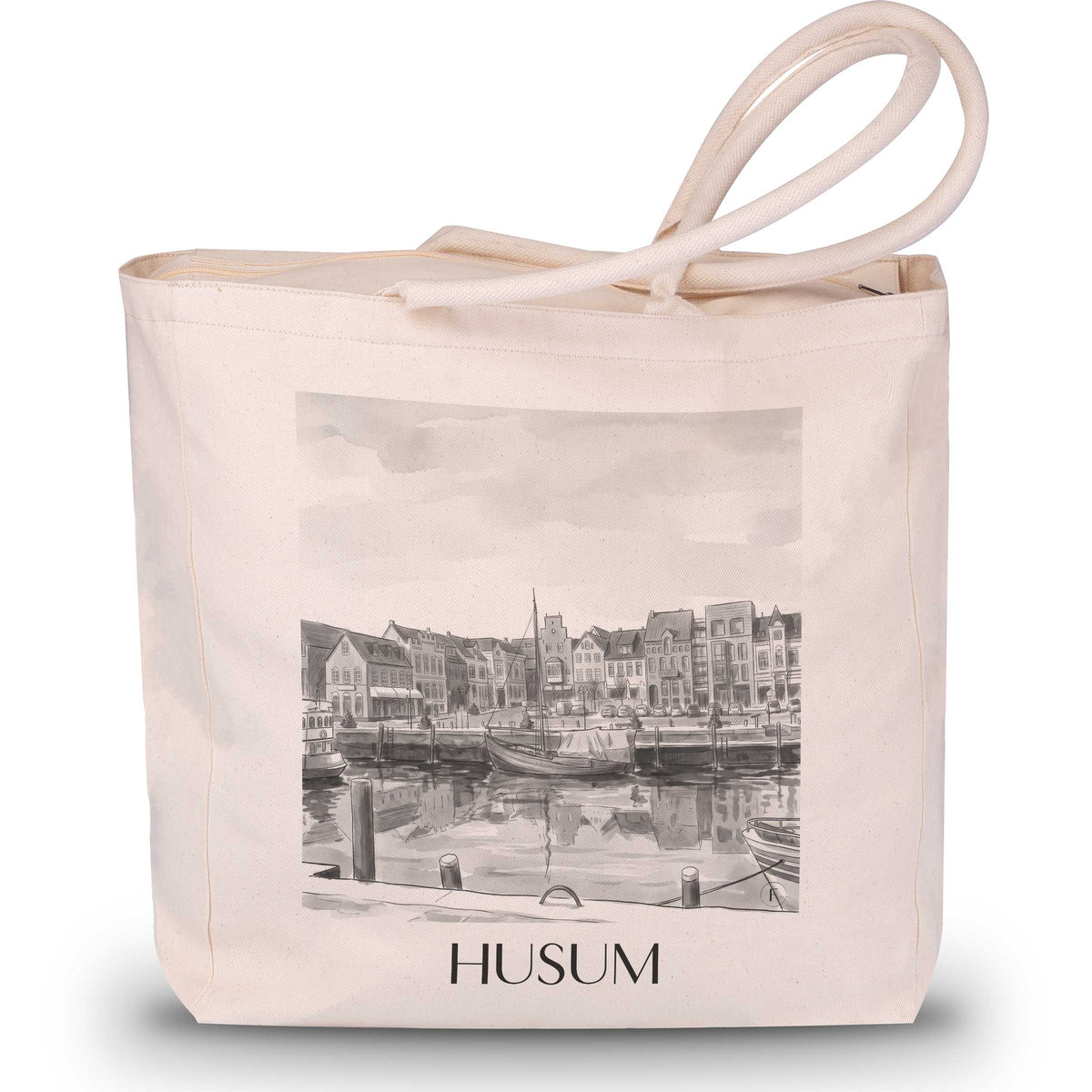 Husum Shopping Tasche - Nordfriesland - Deutschland Tote Bag - Einkaufstasche im Aquarell Schwarz-Weiß Stil - favplace