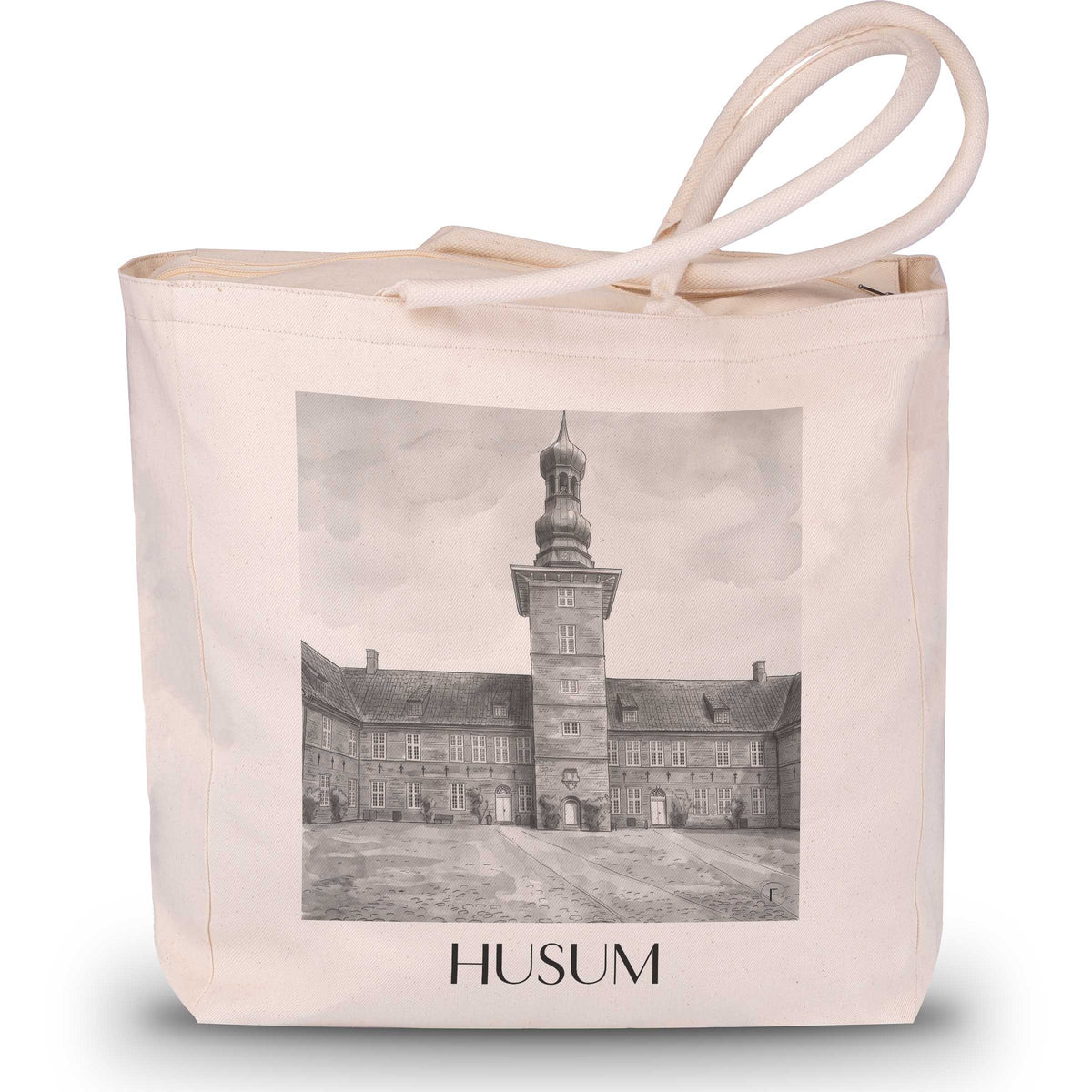 Husum Shopping Tasche - Schleswig - Deutschland Tote Bag - Einkaufstasche im Aquarell Schwarz-Weiß Stil - favplace