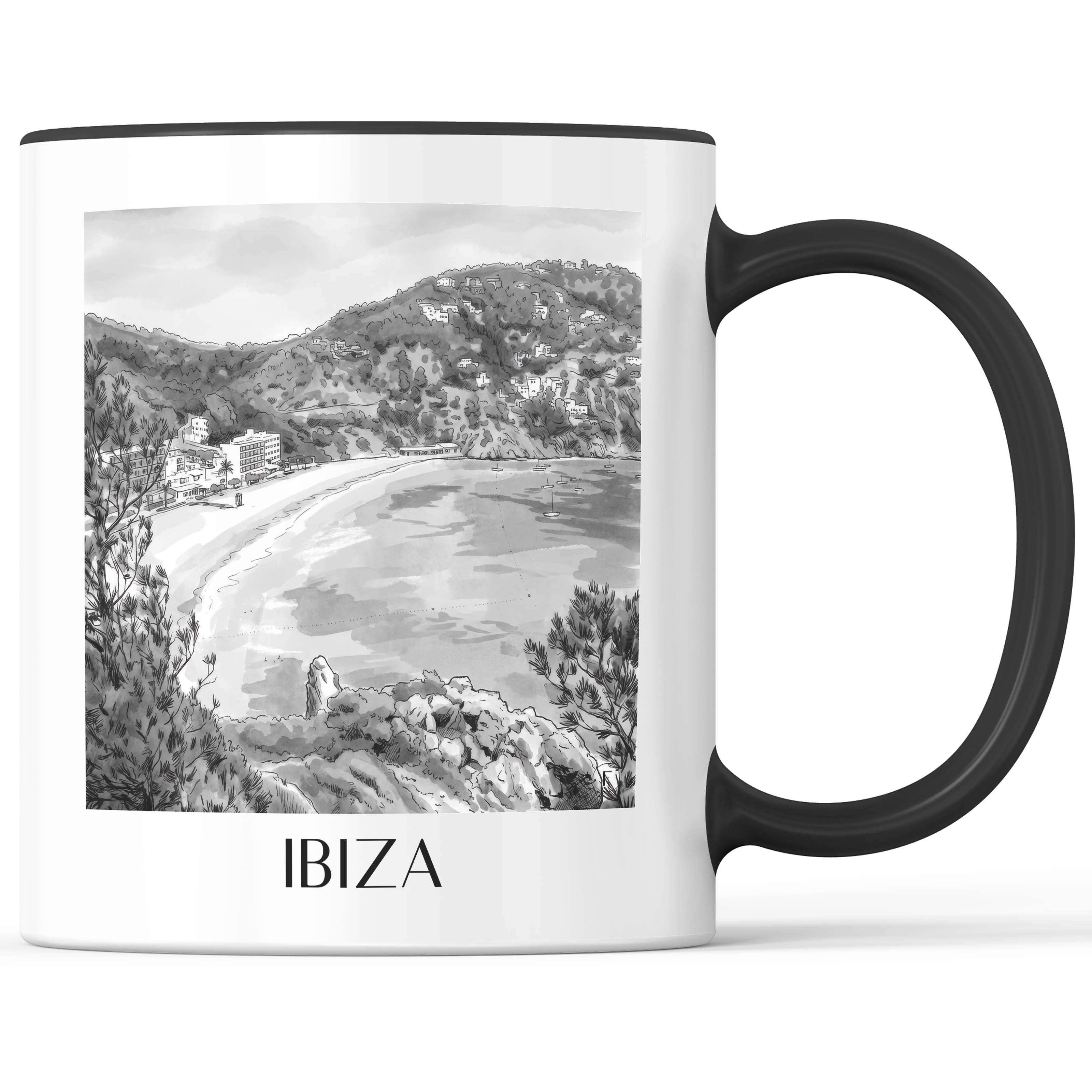 Ibiza Kaffeebecher - Spanien - Spanien und Spanien Becher - Kaffeetasse im Aquarell Schwarz-Weiß Stil - favplace