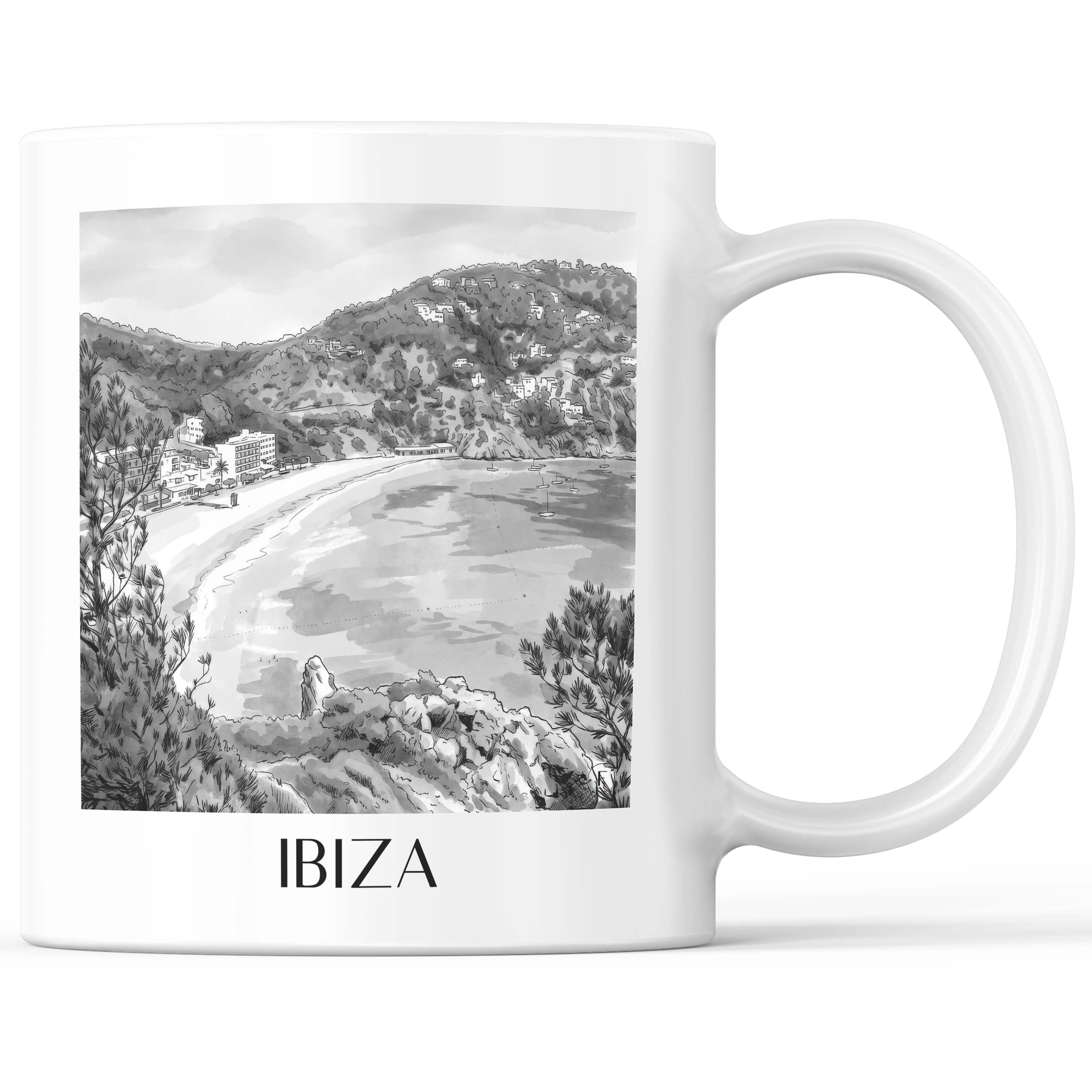 Ibiza Kaffeebecher - Spanien - Spanien und Spanien Becher - Kaffeetasse im Aquarell Schwarz-Weiß Stil - favplace