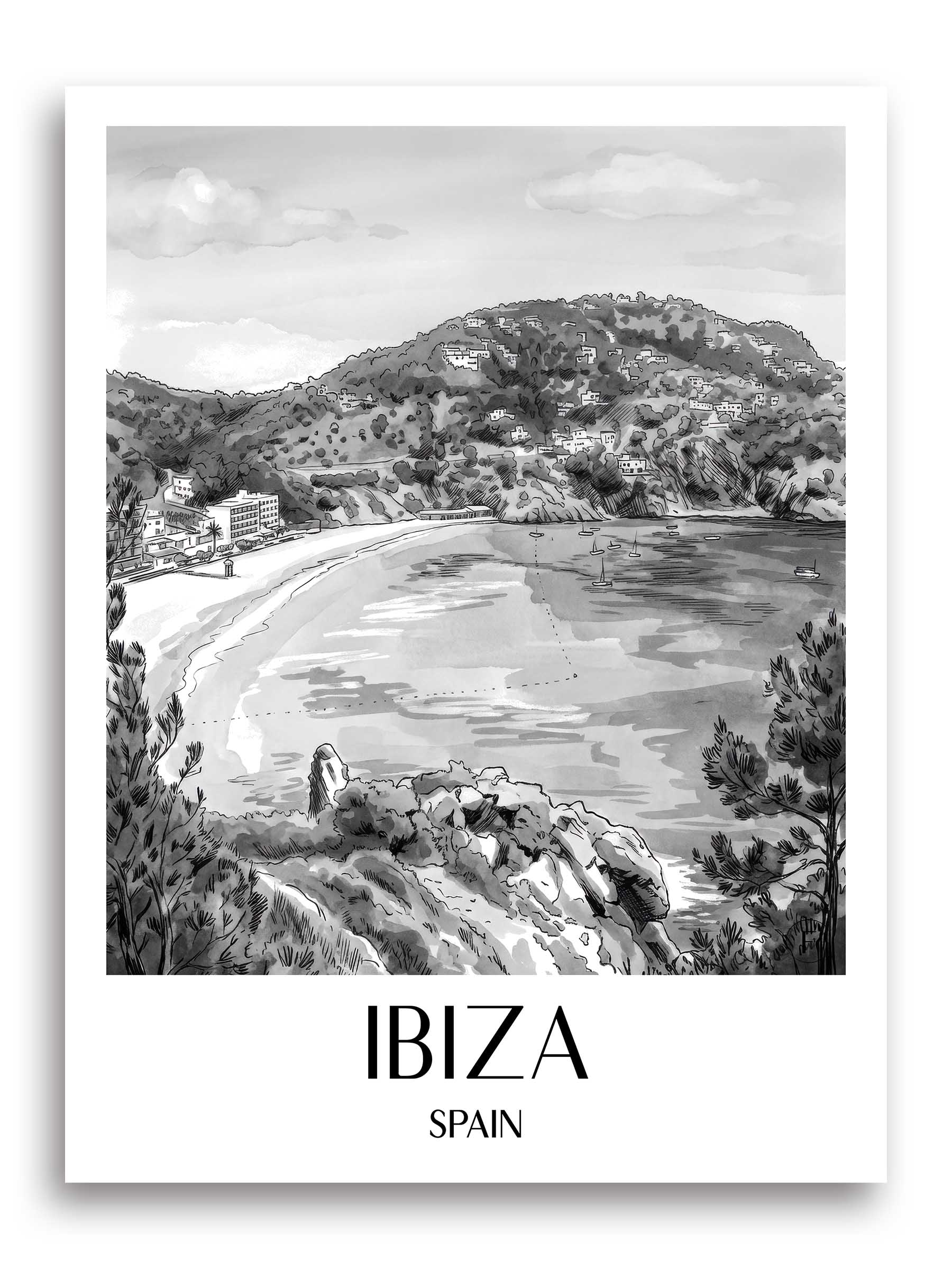 Ibiza Poster - - Spanien Kunstdruck - Aquarell Schwarz-Weiß von A4 bis A1 - favplace