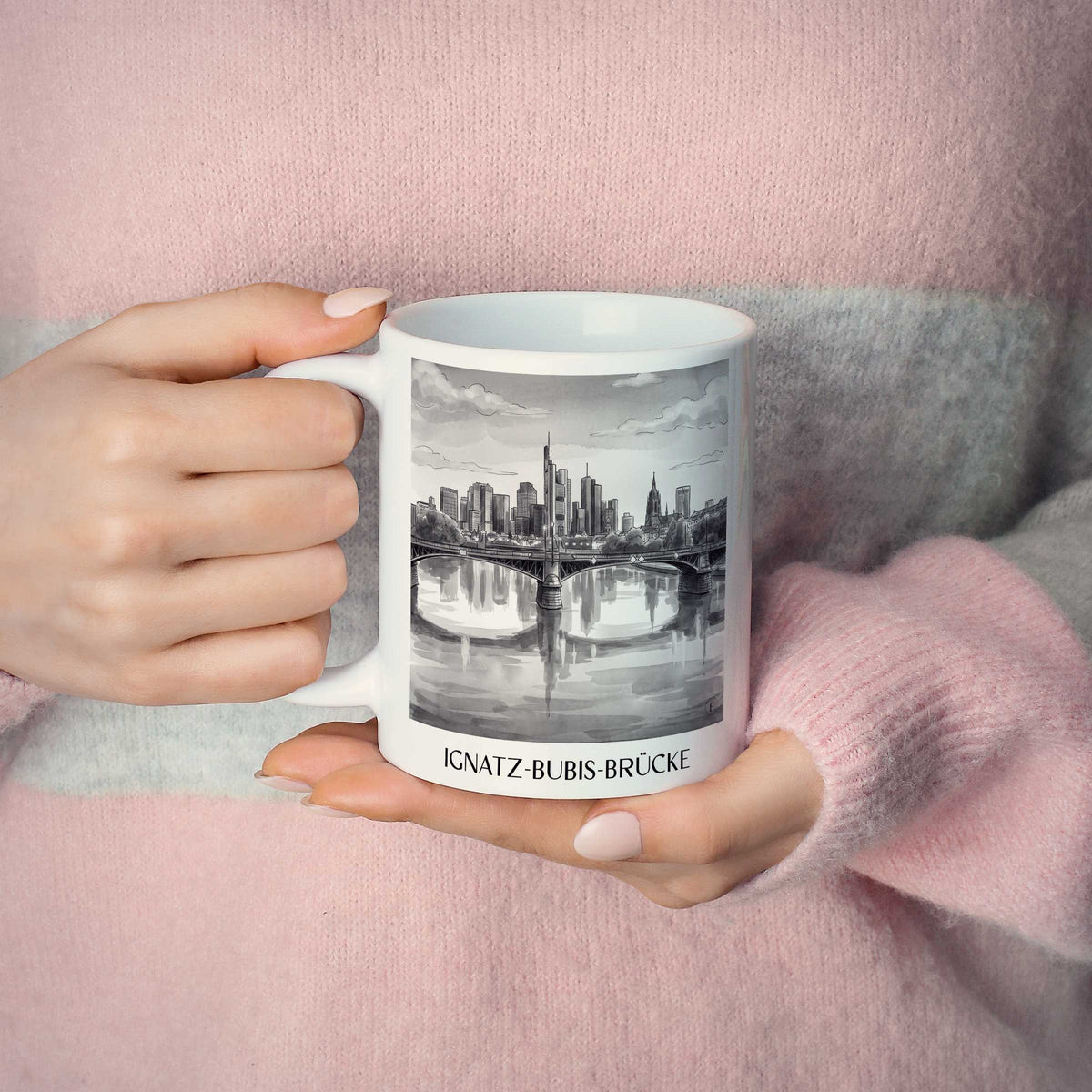 ignatz-bubis-brücke-frankfurt-deutschland-kaffeebecher-aquarell-schwarz-weiss