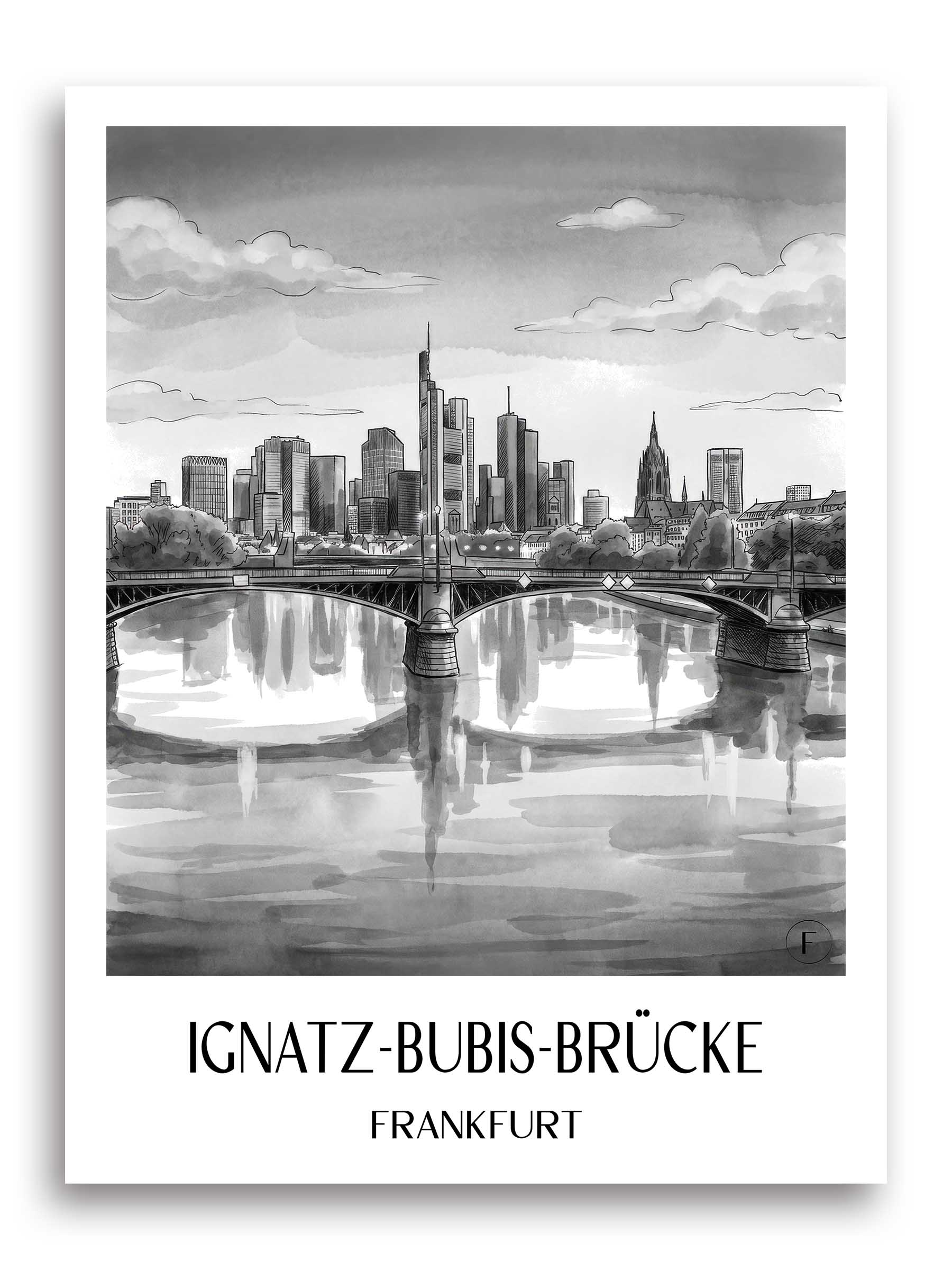 ignatz-bubis-brücke-frankfurt-deutschland-poster-aquarell-schwarz-weiss