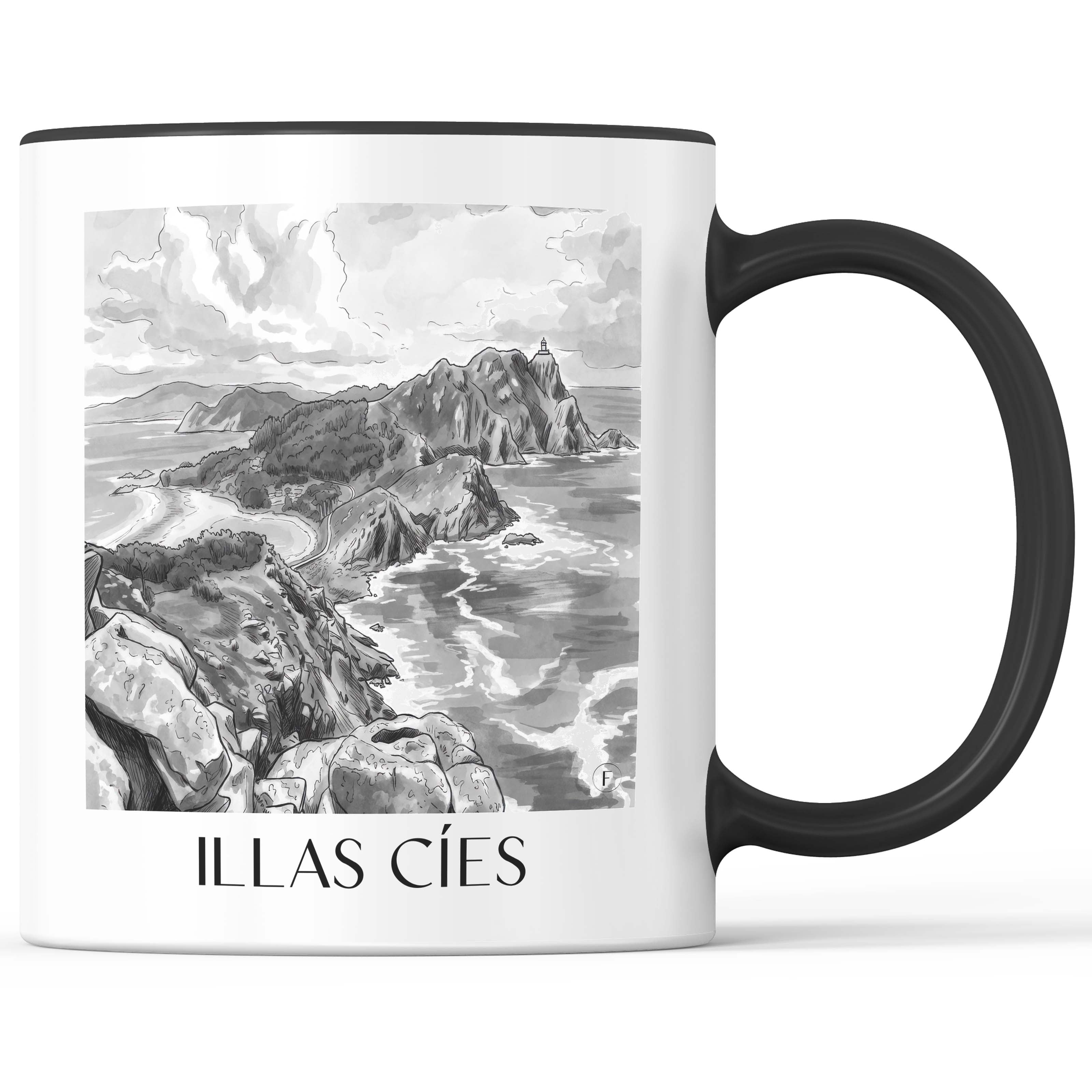 illas-cíes-spanien-spanien-kaffeebecher-aquarell-schwarz-weiss