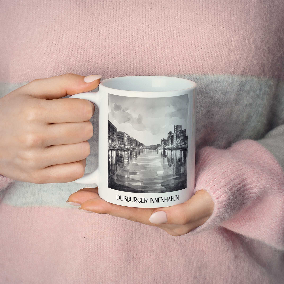 innenhafen-duisburg-deutschland-kaffeebecher-aquarell-schwarz-weiss