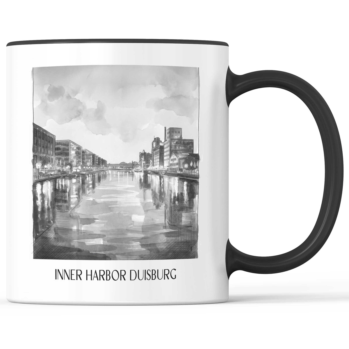 Innenhafen Kaffeebecher - Duisburg - Deutschland Becher - Kaffeetasse im Aquarell Schwarz-Weiß Stil - favplace