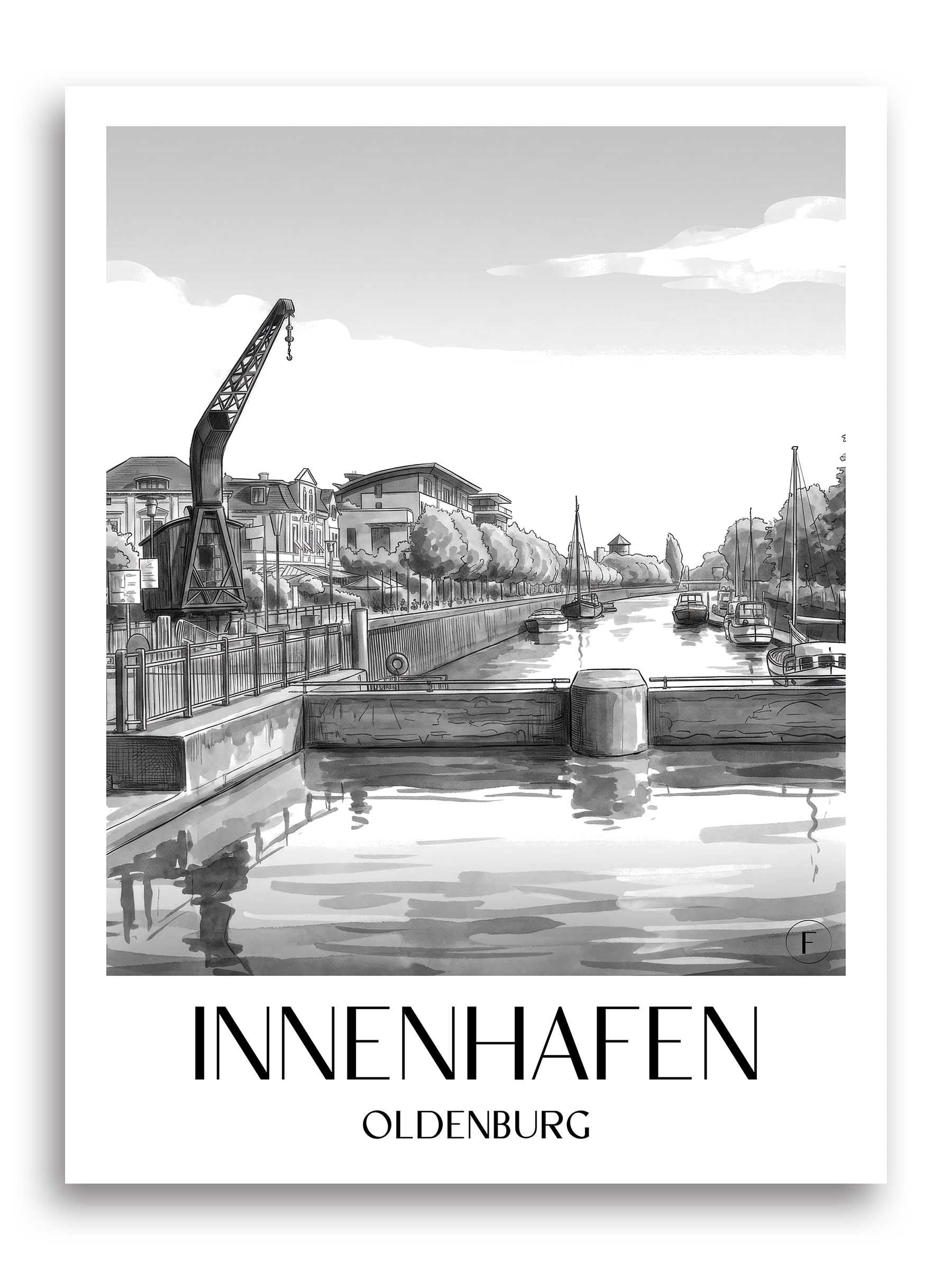innenhafen-oldenburg-deutschland-poster-aquarell-schwarz-weiss