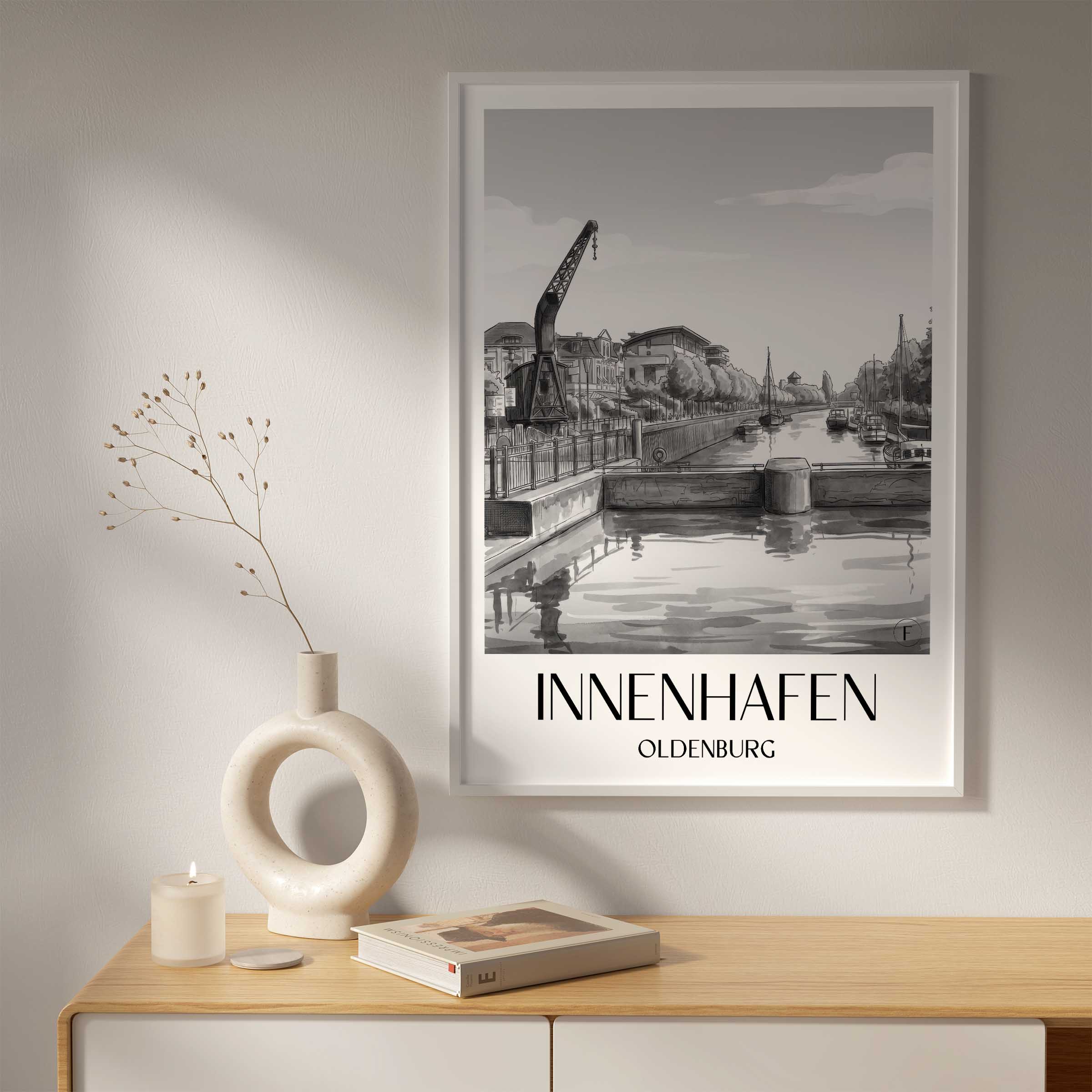 innenhafen-oldenburg-deutschland-poster-aquarell-schwarz-weiss