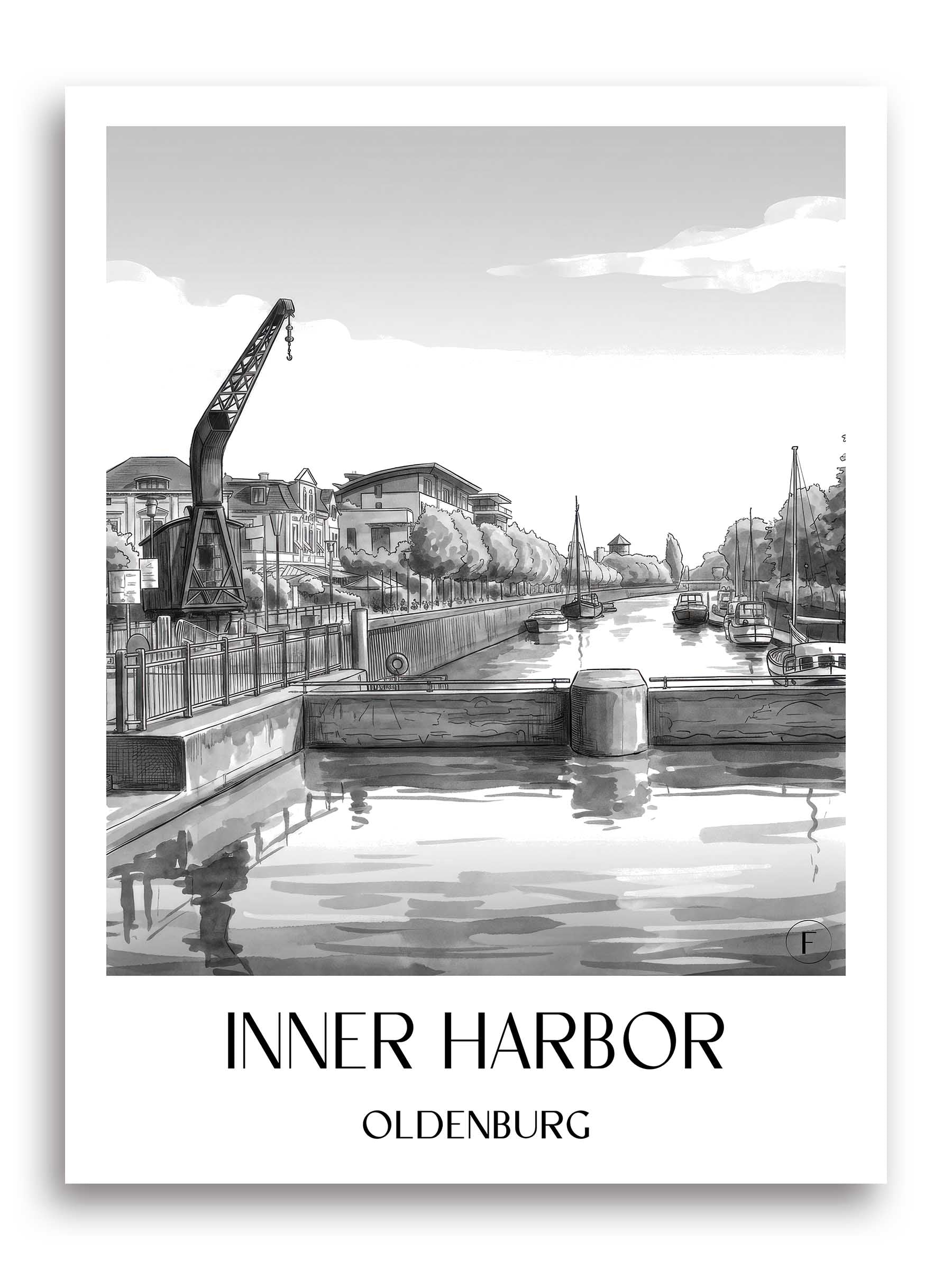 Innenhafen Poster - Oldenburg - Deutschland Kunstdruck - Aquarell Schwarz-Weiß von A4 bis A1