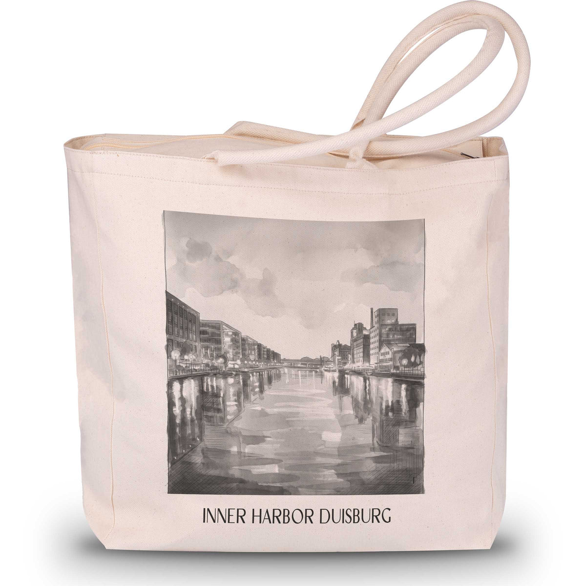 Innenhafen Shopping Tasche - Duisburg - Deutschland Tote Bag - Einkaufstasche im Aquarell Schwarz-Weiß Stil - favplace