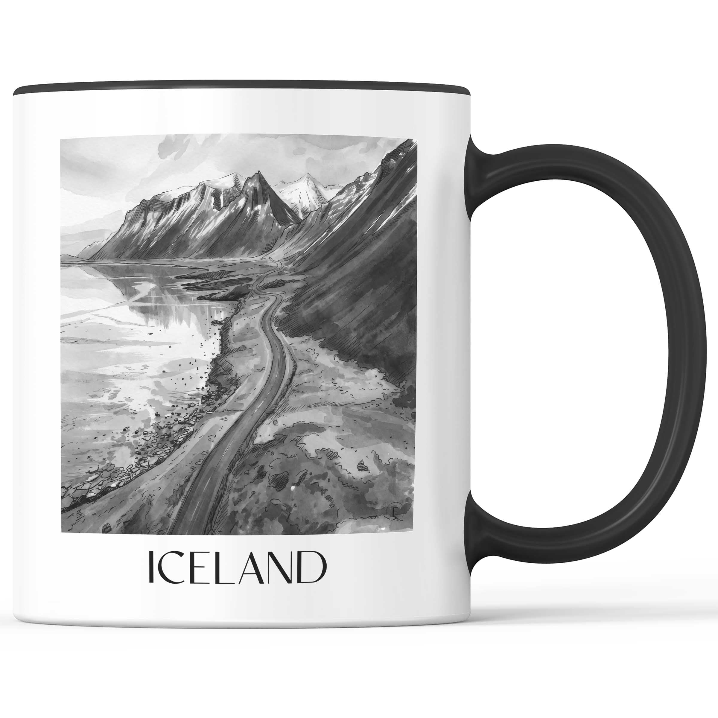 Island - Island Becher - Kaffeetasse im Aquarell Schwarz-Weiß Stil - favplace