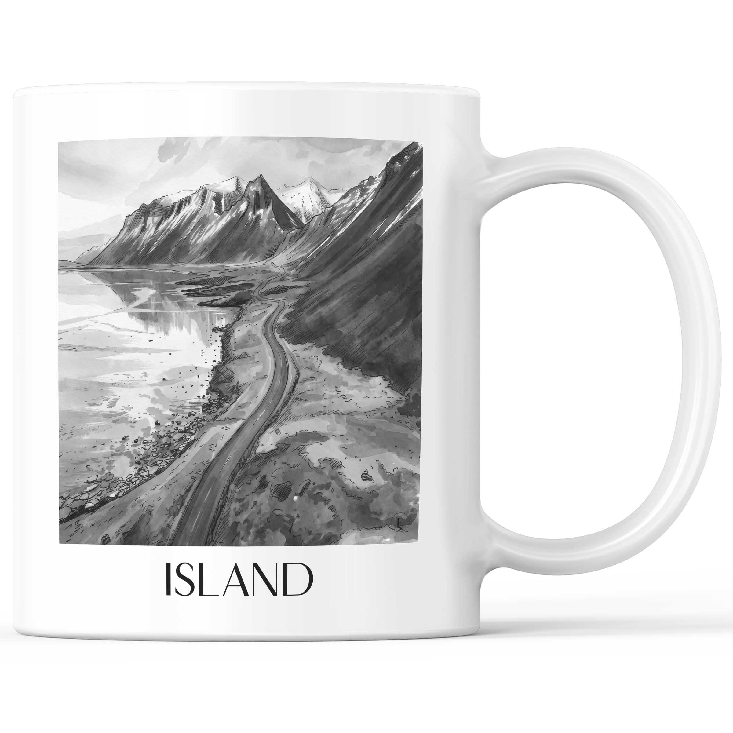 Island - Island Becher - Kaffeetasse im Aquarell Schwarz-Weiß Stil - favplace
