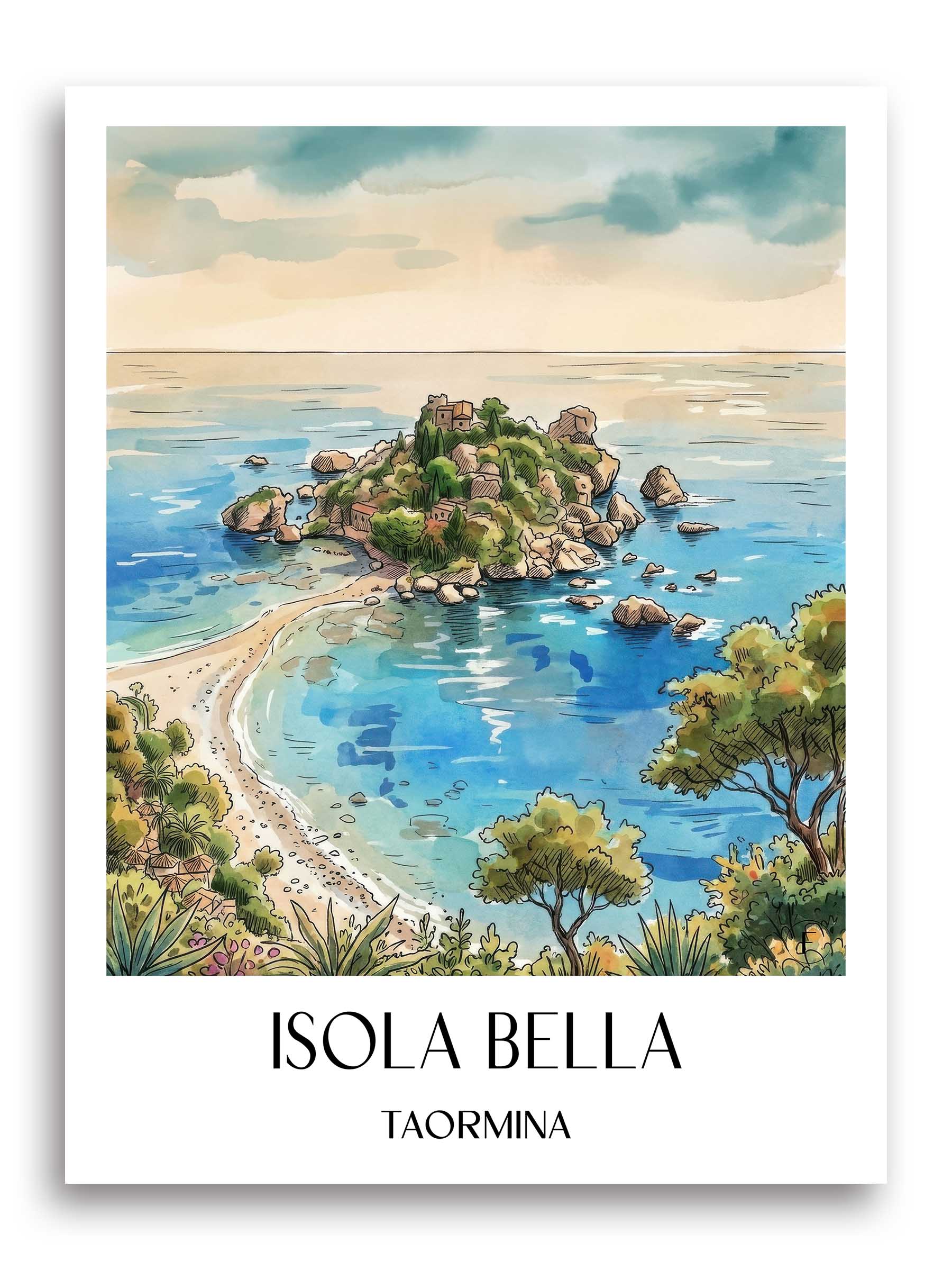 Isola Bella Poster - Taormina - Italien Kunstdruck - Aquarell von A4 bis A1 - favplace