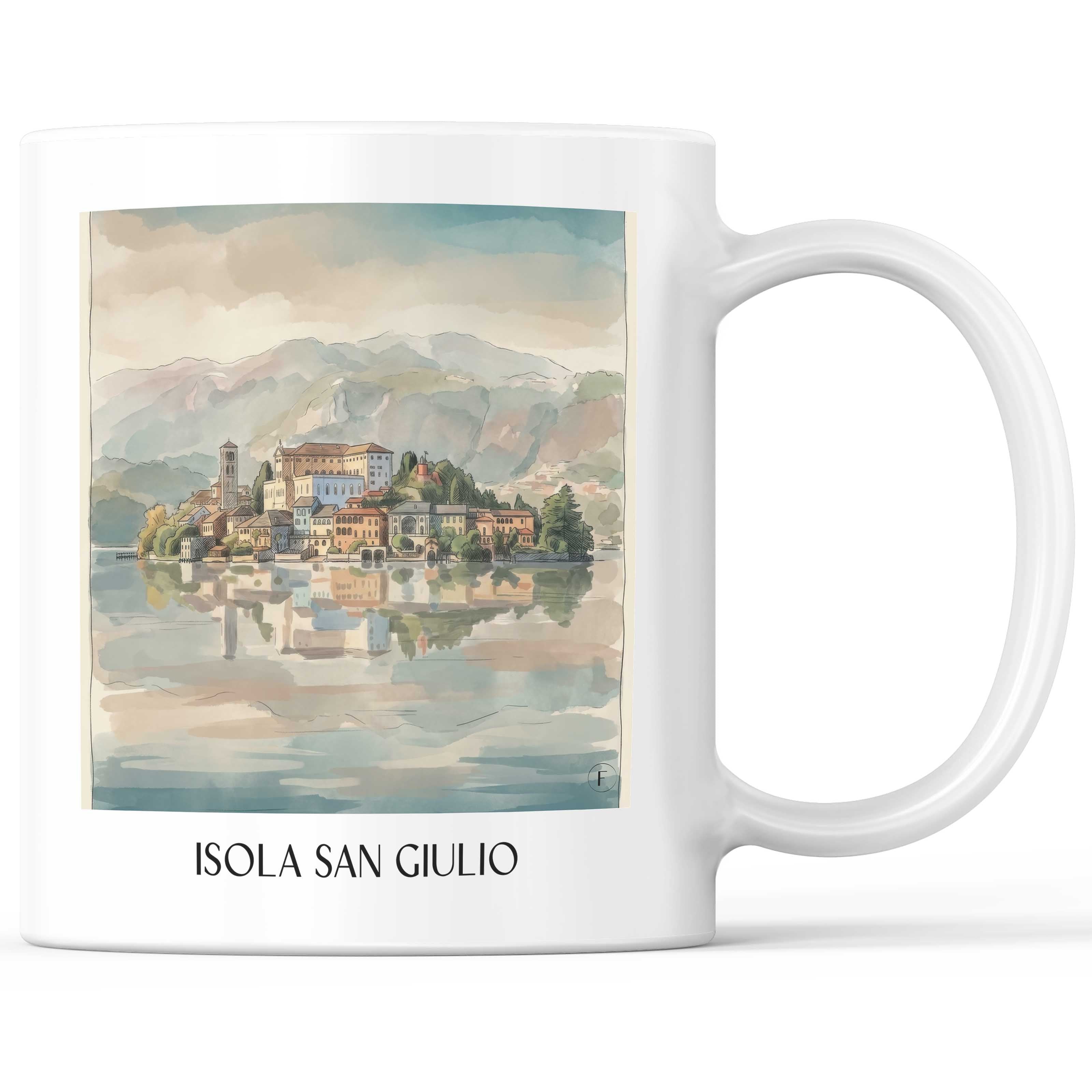 Isola San Giulio Kaffeebecher - Lago d´Orta - Italien Becher - Kaffeetasse im Aquarell Stil - favplace