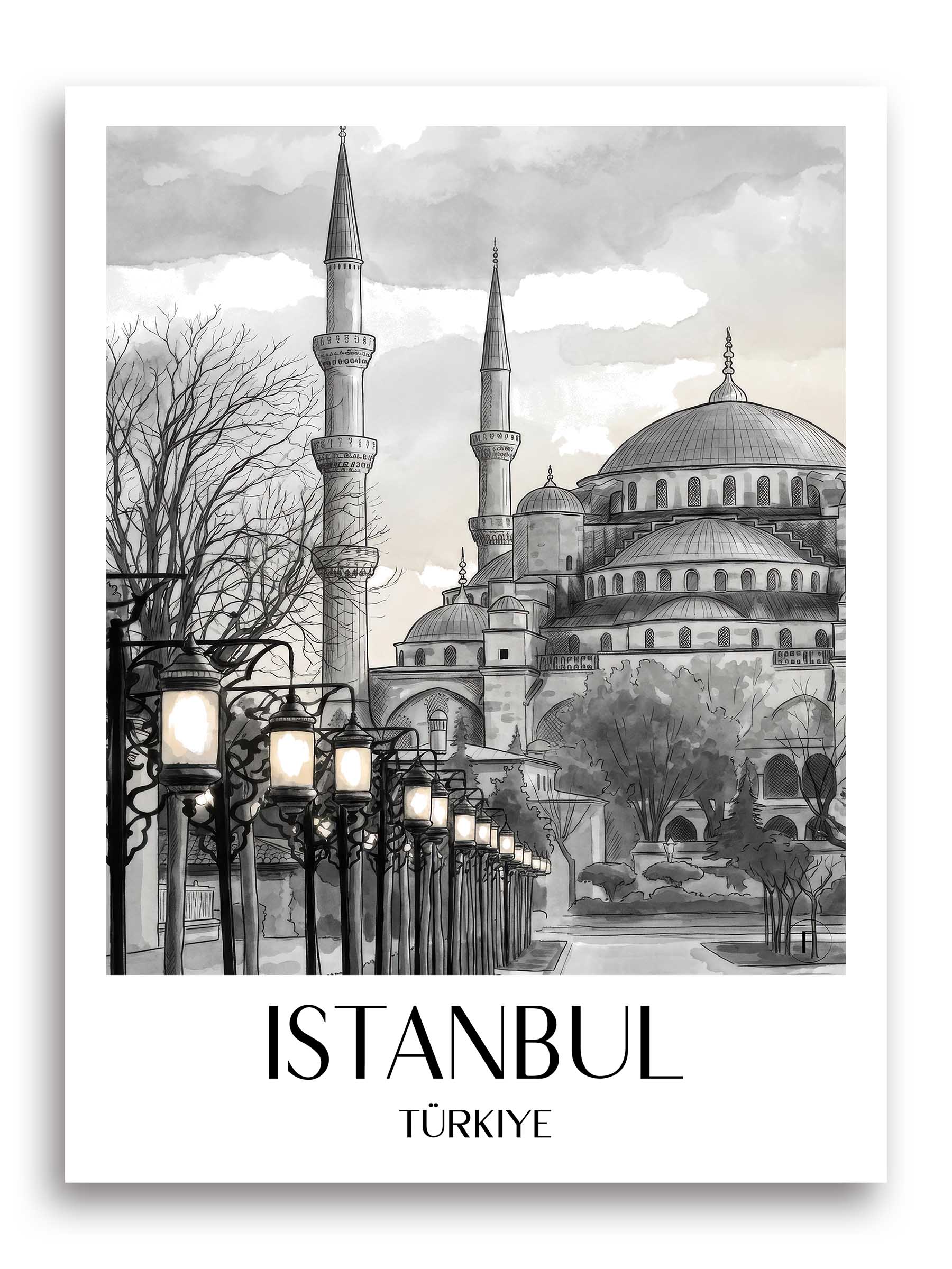 Istanbul Poster - - Türkei Kunstdruck - Aquarell Schwarz-Weiß von A4 bis A1 - favplace