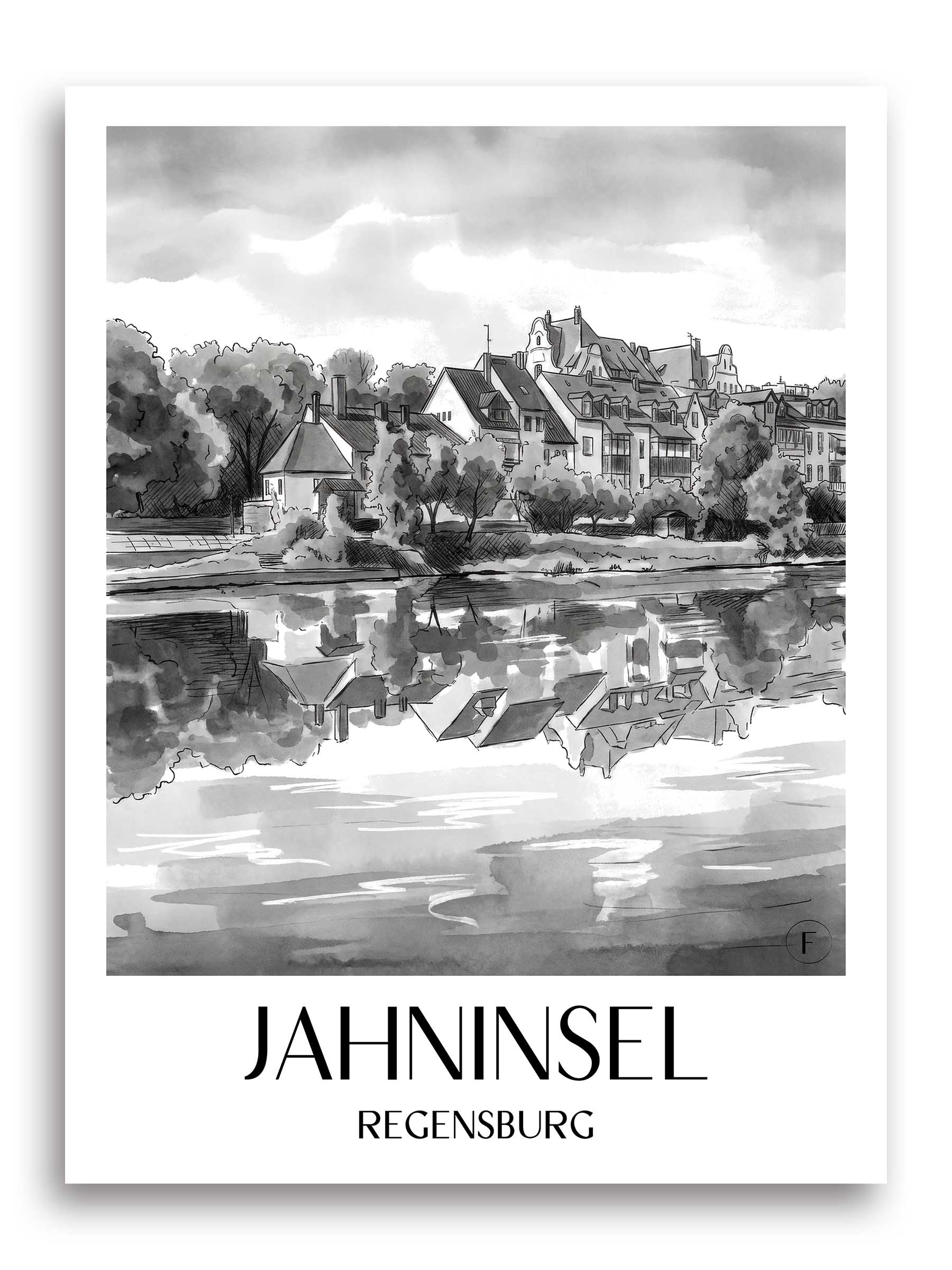 jahninsel-regensburg-deutschland-poster-aquarell-schwarz-weiss